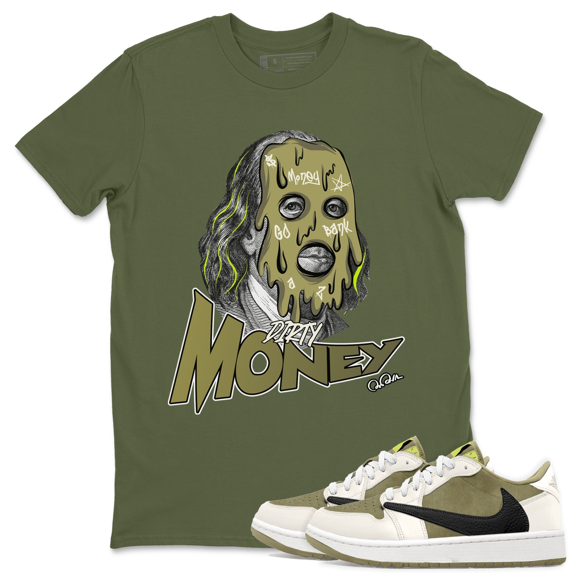 Air Jordan 1 Travis Scott Golf shirt to match jordans Dirty Money Streetwear Sneaker Shirt AJ1 lowTravis Scott Golf Drip Gear Zone Sneaker Matching Clothing Unisex Military Green 1 T-Shirt