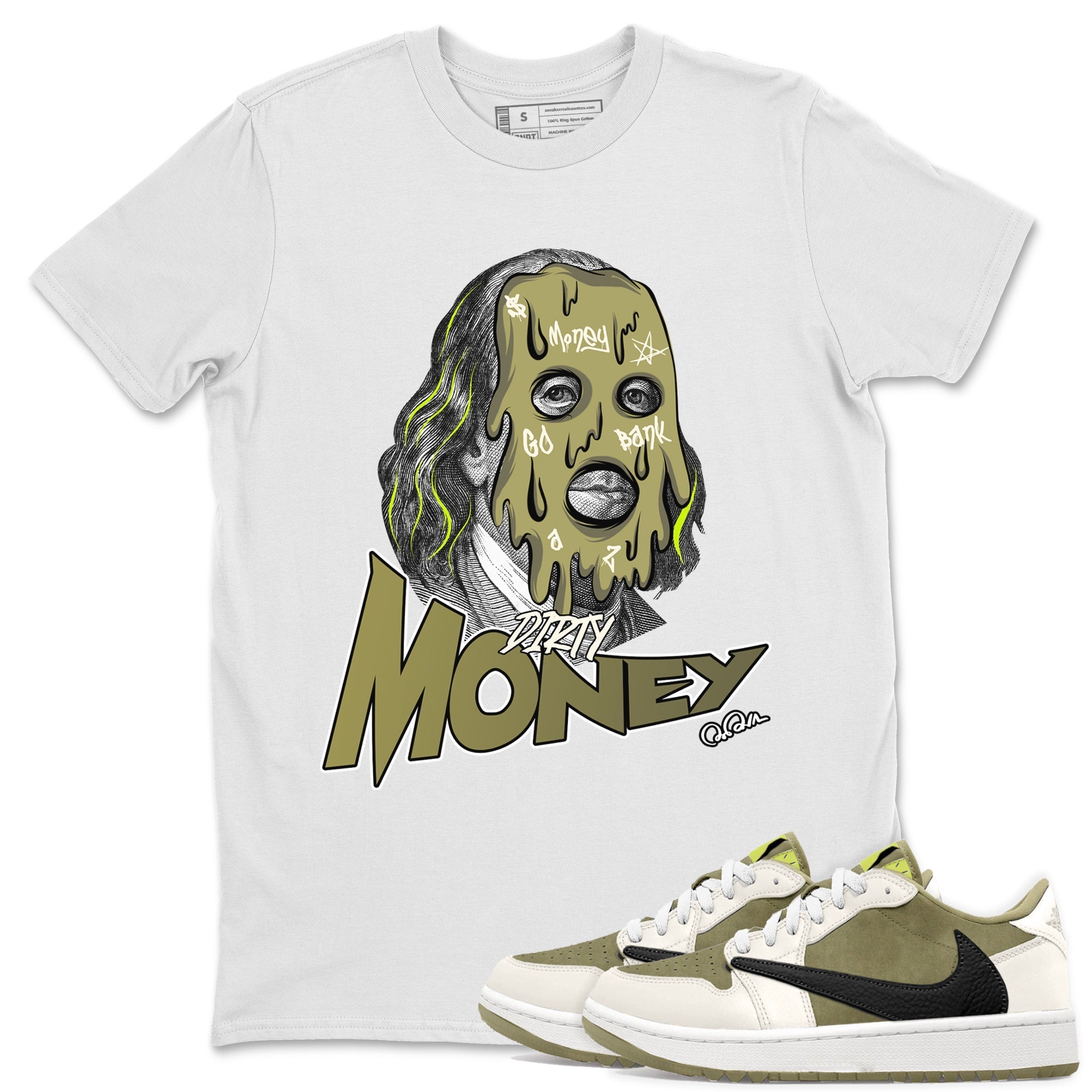 Air Jordan 1 Travis Scott Golf shirt to match jordans Dirty Money Streetwear Sneaker Shirt AJ1 lowTravis Scott Golf Drip Gear Zone Sneaker Matching Clothing Unisex White 1 T-Shirt