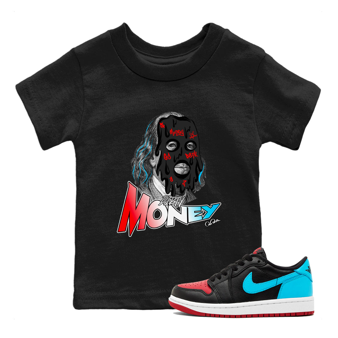 Air Jordan 1 UNC to Chicago Sneaker Match Tees Dirty Money Streetwear Sneaker Shirt AJ1 UNC to Chicago Sneaker Release Tees Kids Shirts Black 1