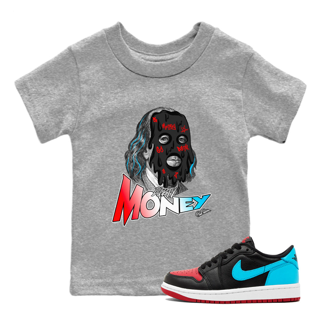 Air Jordan 1 UNC to Chicago Sneaker Match Tees Dirty Money Streetwear Sneaker Shirt AJ1 UNC to Chicago Sneaker Release Tees Kids Shirts Heather Grey 1