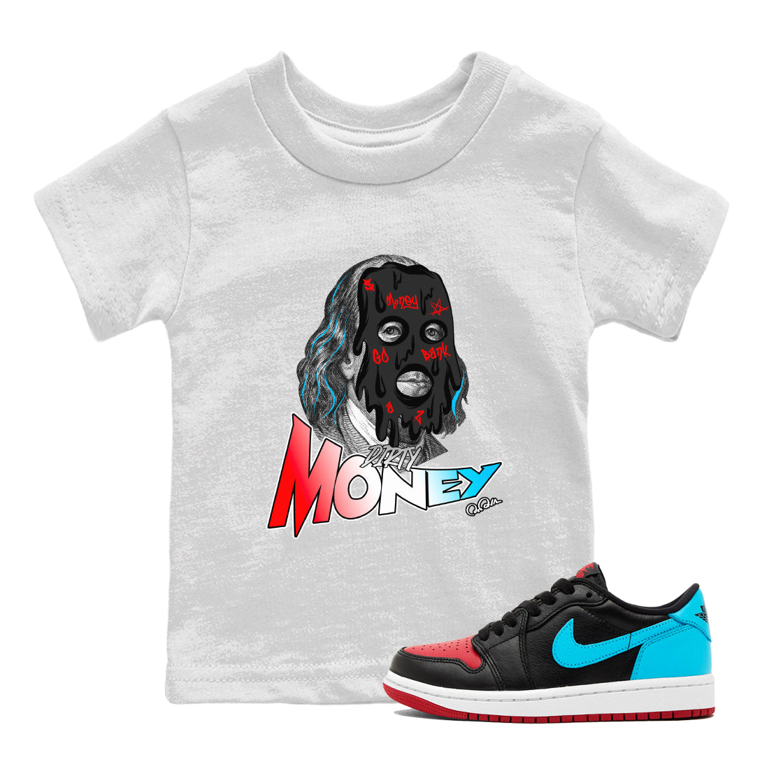 Air Jordan 1 UNC to Chicago Sneaker Match Tees Dirty Money Streetwear Sneaker Shirt AJ1 UNC to Chicago Sneaker Release Tees Kids Shirts White 1