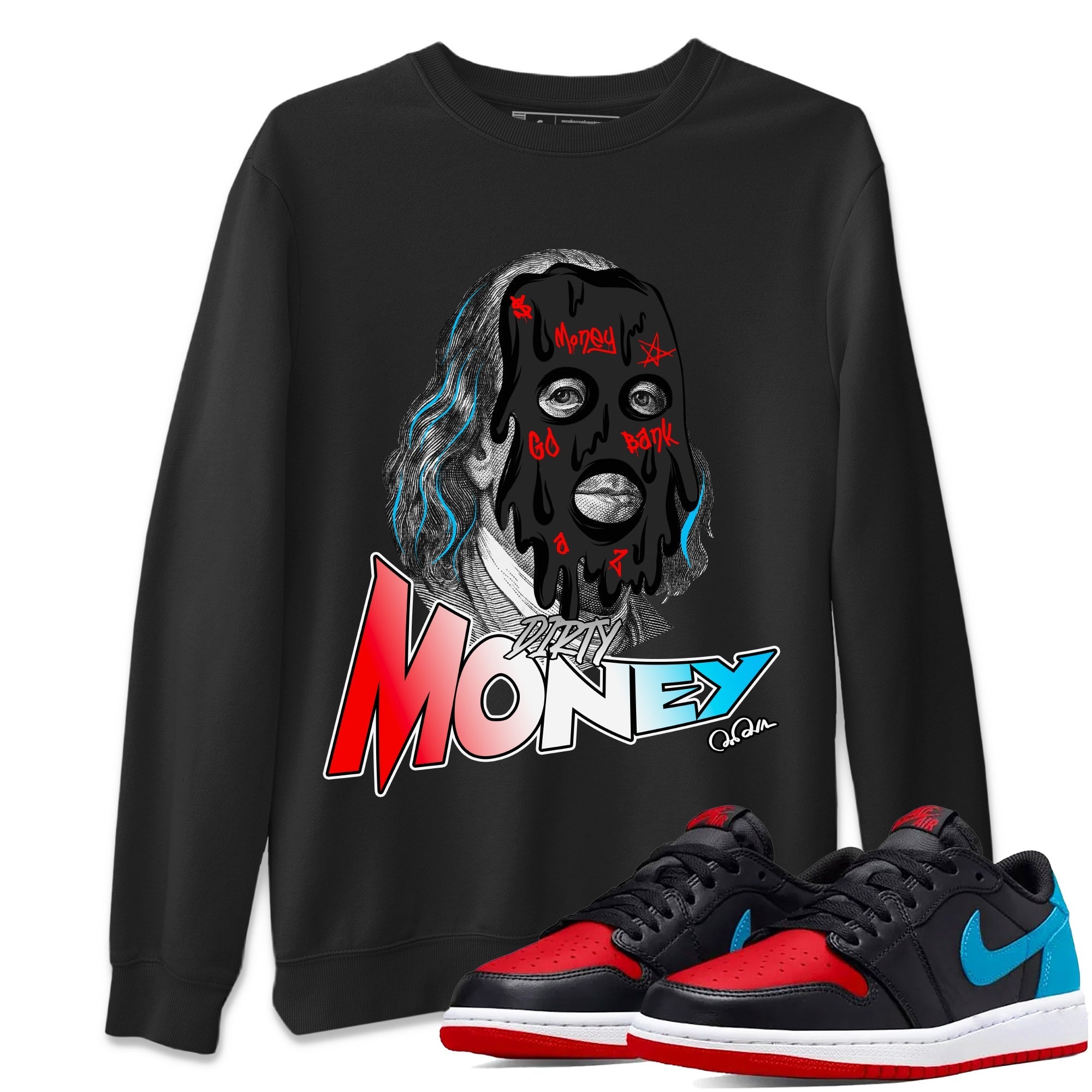 Air Jordan 1 UNC to Chicago Sneaker Match Tees Dirty Money Streetwear Sneaker Shirt AJ1 UNC to Chicago Sneaker Release Tees Unisex Shirts Black 1