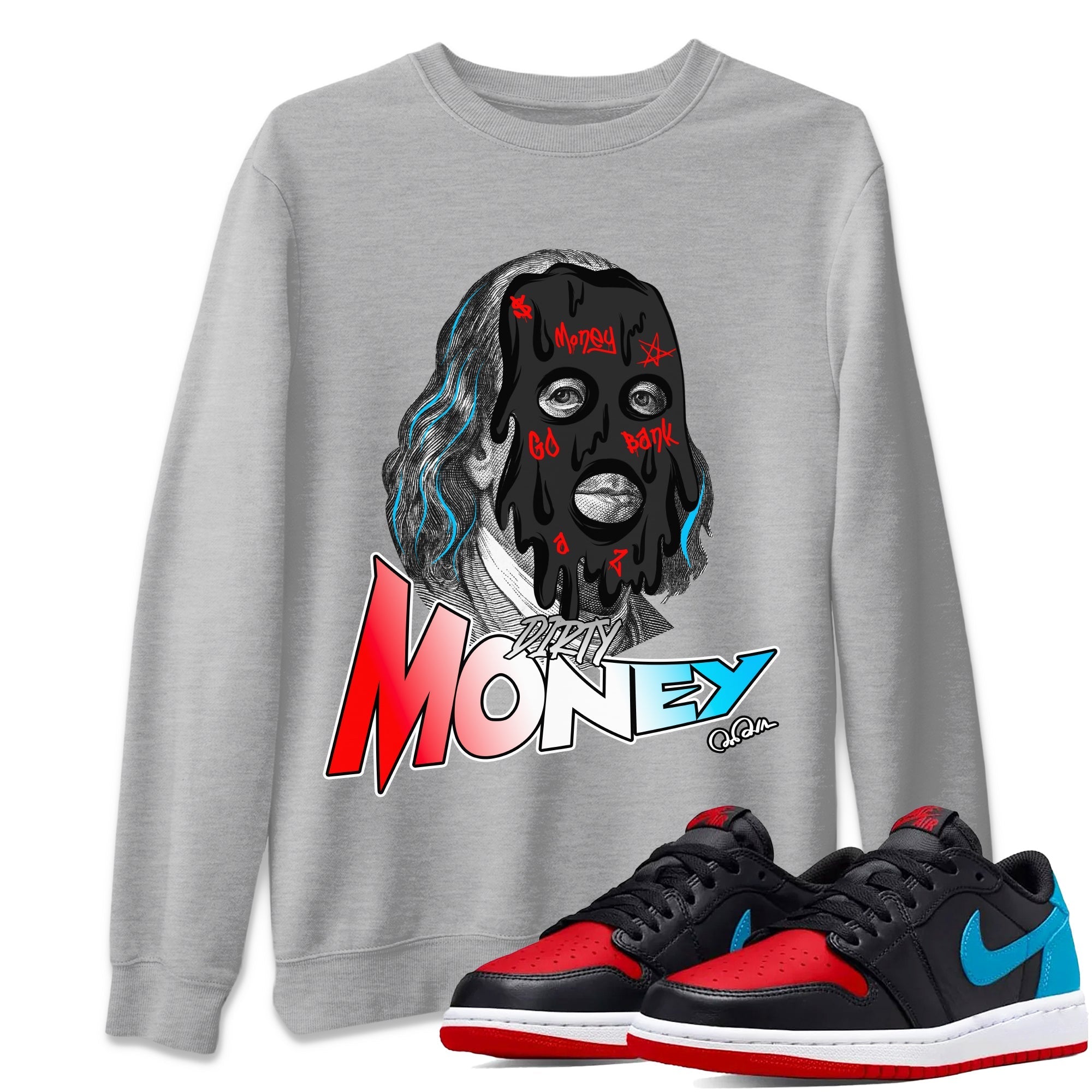 Air Jordan 1 UNC to Chicago Sneaker Match Tees Dirty Money Streetwear Sneaker Shirt AJ1 UNC to Chicago Sneaker Release Tees Unisex Shirts Heather Grey 1