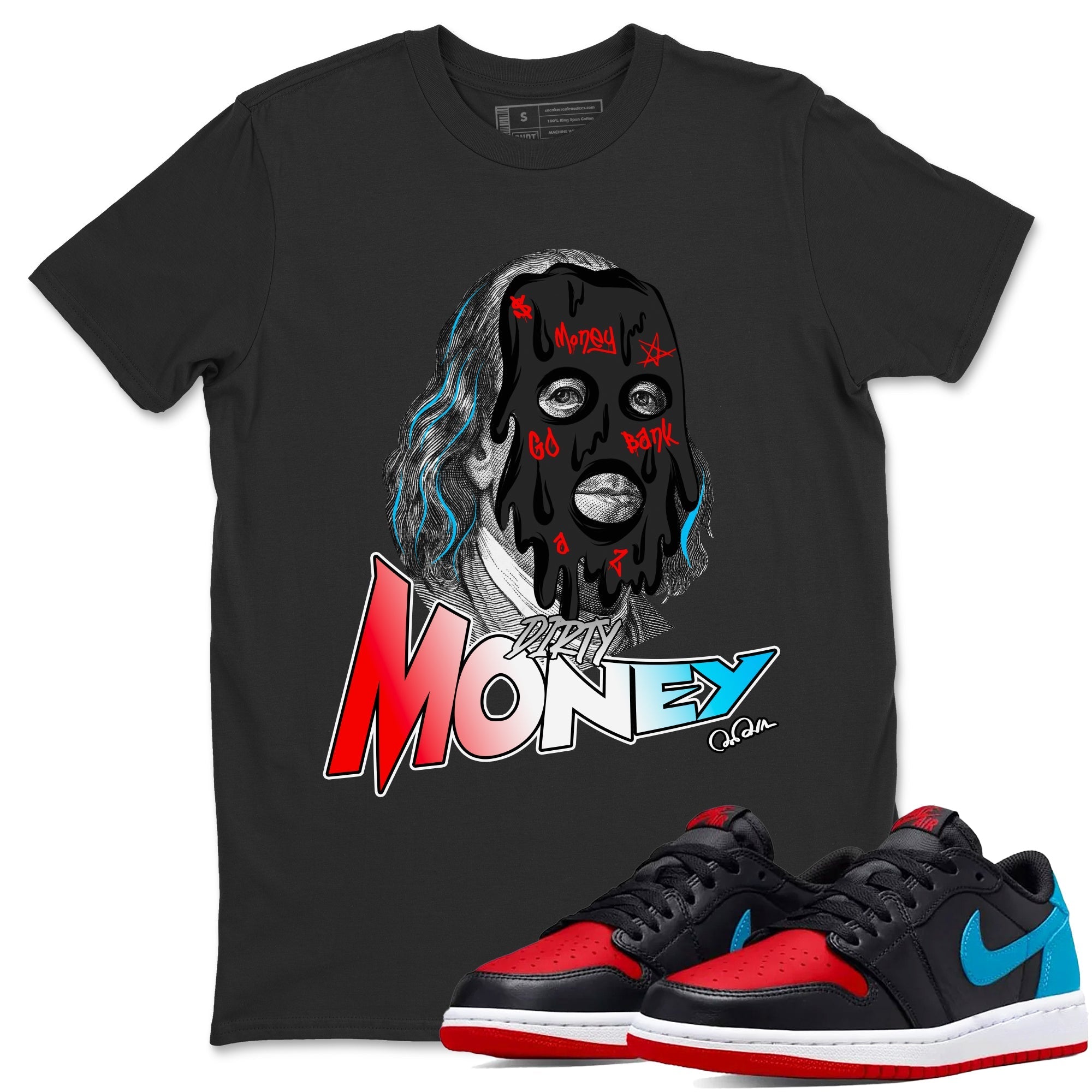 Air Jordan 1 UNC to Chicago Sneaker Match Tees Dirty Money Streetwear Sneaker Shirt AJ1 UNC to Chicago Sneaker Release Tees Unisex Shirts Black 1
