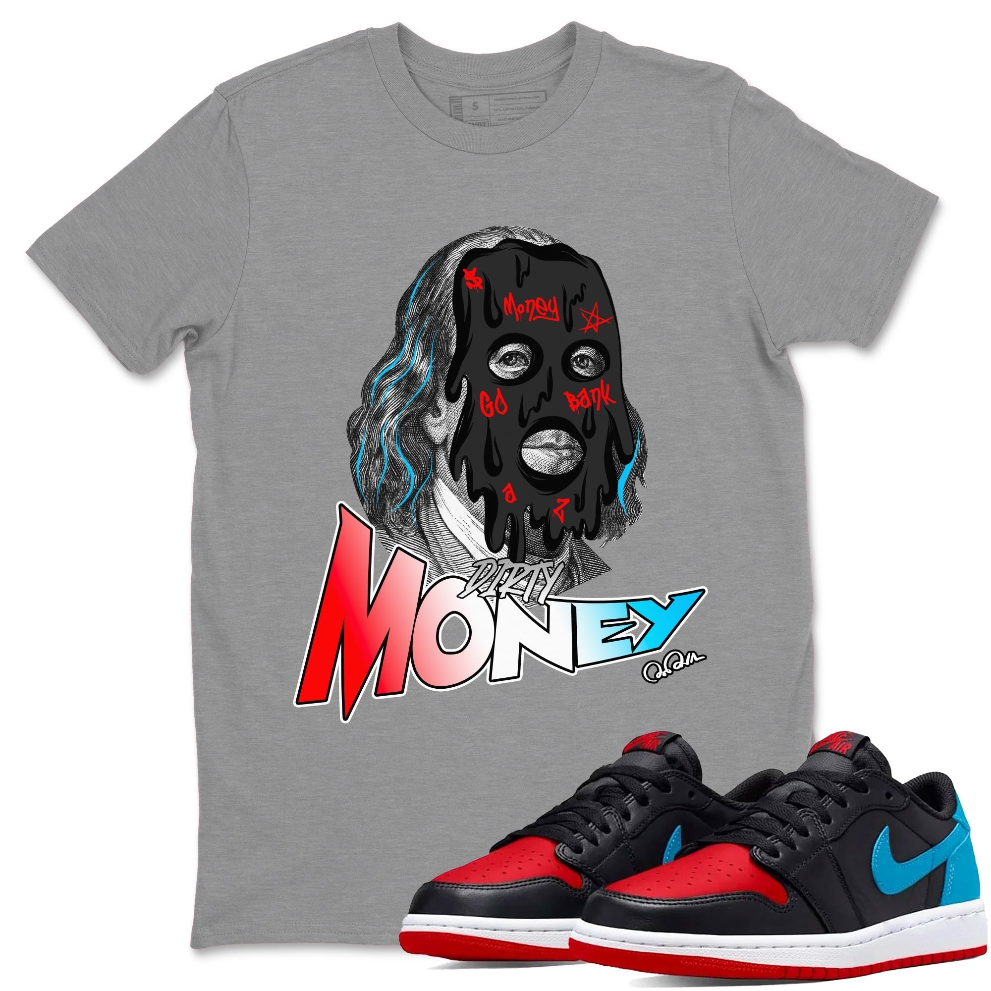 Air Jordan 1 UNC to Chicago Sneaker Match Tees Dirty Money Streetwear Sneaker Shirt AJ1 UNC to Chicago Sneaker Release Tees Unisex Shirts Heather Grey 1