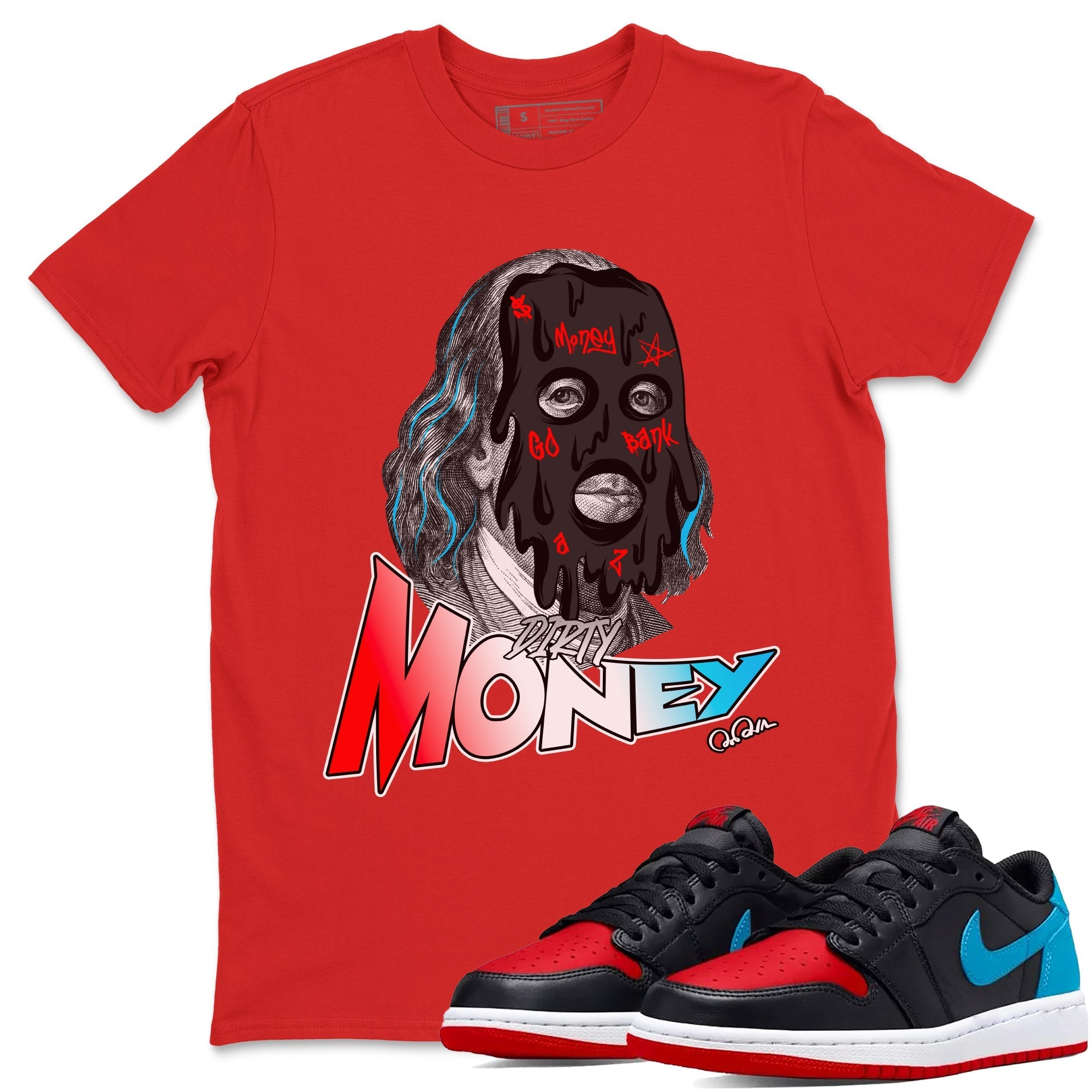 Air Jordan 1 UNC to Chicago Sneaker Match Tees Dirty Money Streetwear Sneaker Shirt AJ1 UNC to Chicago Sneaker Release Tees Unisex Shirts Red 1