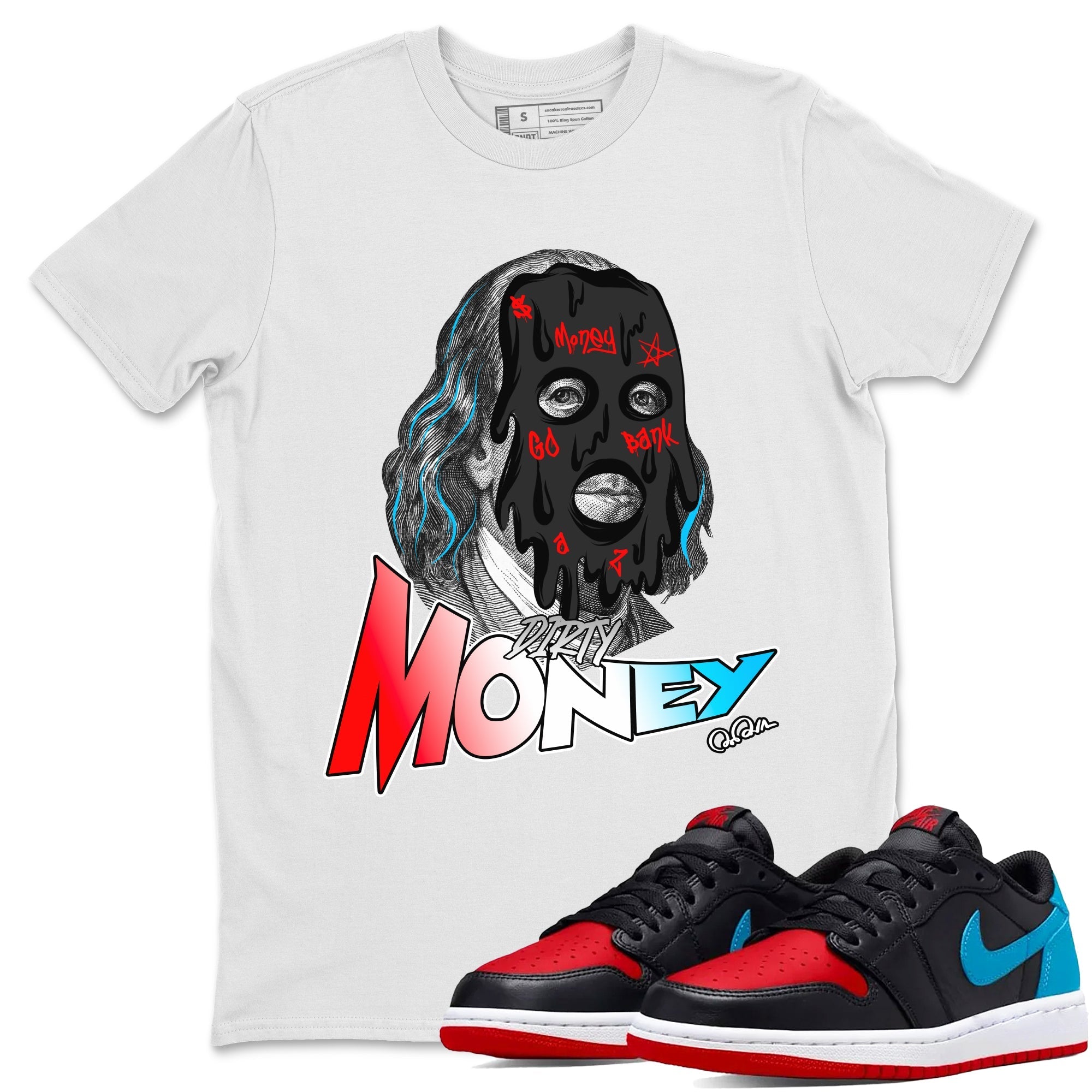 Air Jordan 1 UNC to Chicago Sneaker Match Tees Dirty Money Streetwear Sneaker Shirt AJ1 UNC to Chicago Sneaker Release Tees Unisex Shirts White 1