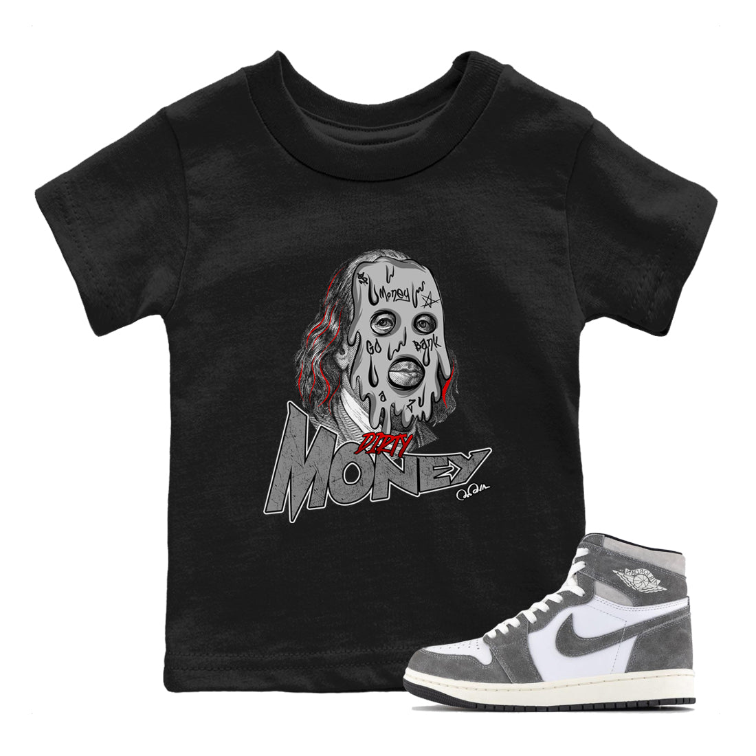Air Jordan 1 Washed Heritage Sneaker Match Tees Dirty Money Streetwear Sneaker Shirt AJ1 Washed Heritage Sneaker Release Tees Kids Shirts Black 1