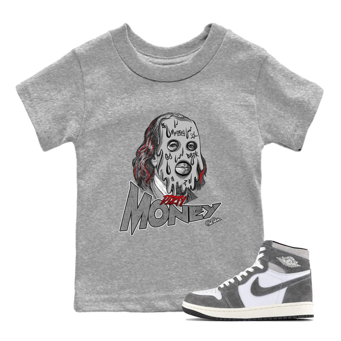 Air Jordan 1 Washed Heritage Sneaker Match Tees Dirty Money Streetwear Sneaker Shirt AJ1 Washed Heritage Sneaker Release Tees Kids Shirts Heather Grey 1