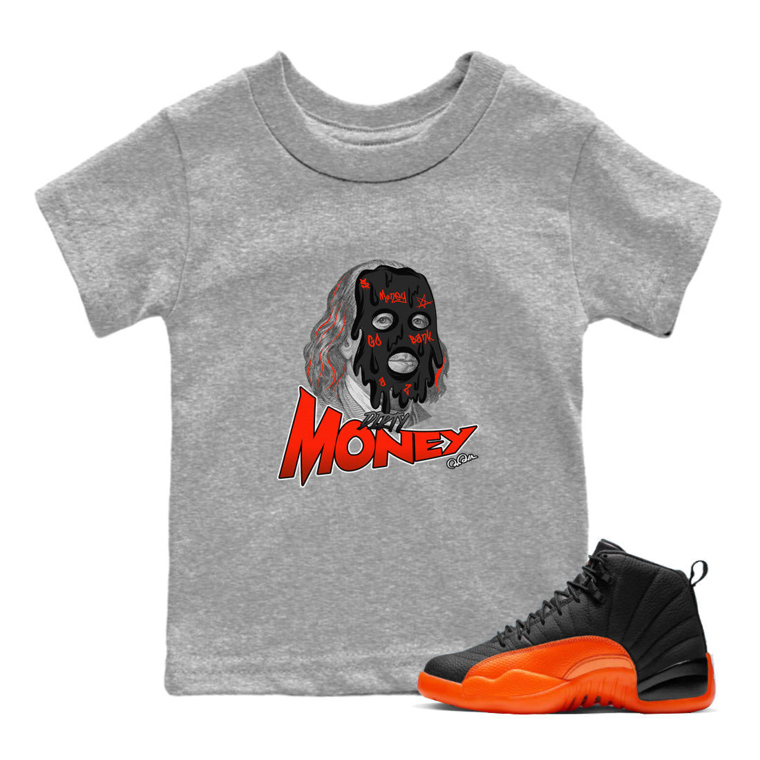 Air Jordan 12 Brilliant Orange Sneaker Match Tees Dirty Money Streetwear Sneaker Shirt AJ12 Brilliant Orange Sneaker Release Tees Kids Shirts Heather Grey 1