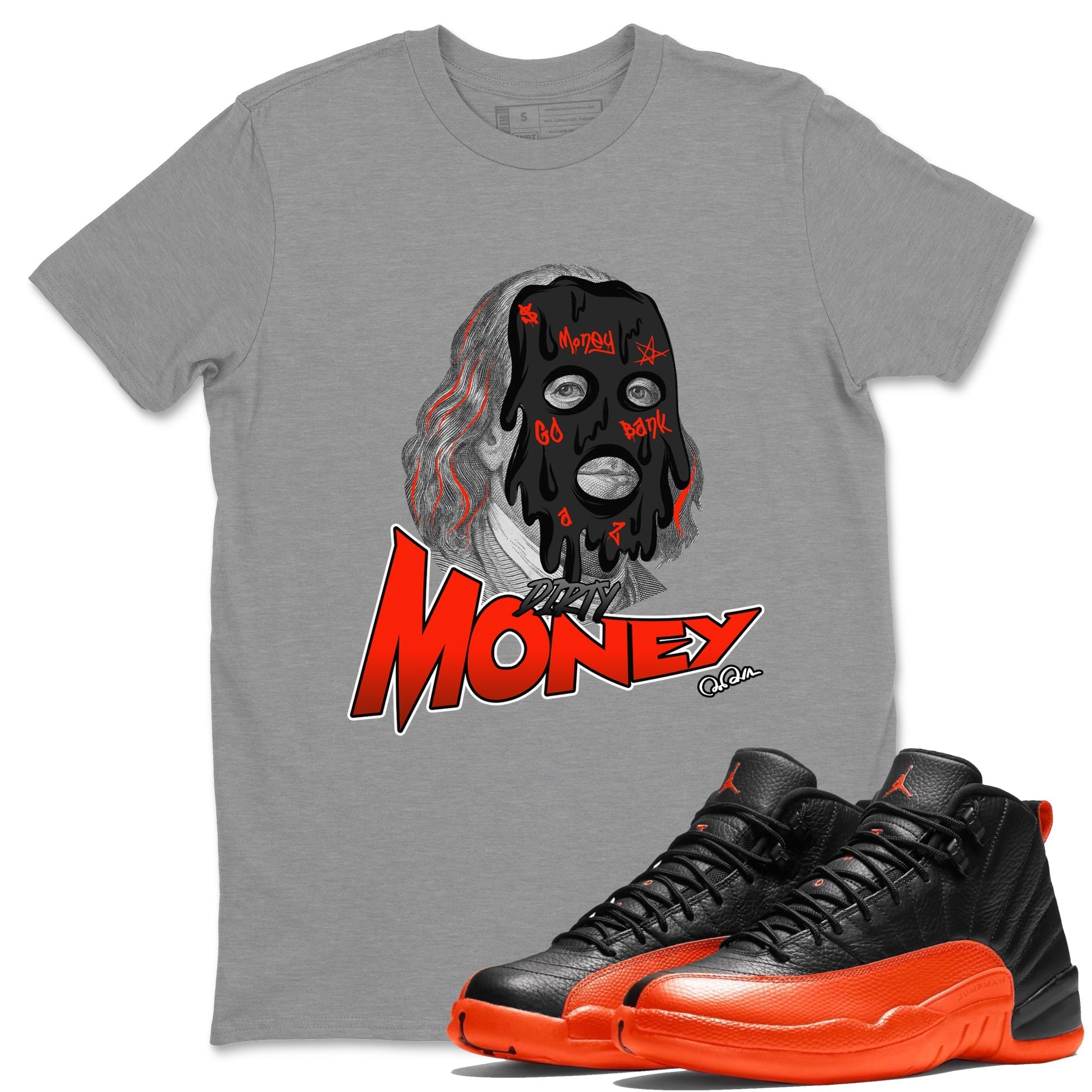 Air Jordan 12 Brilliant Orange Sneaker Match Tees Dirty Money Streetwear Sneaker Shirt AJ12 Brilliant Orange Sneaker Release Tees Unisex Shirts Heather Grey 1