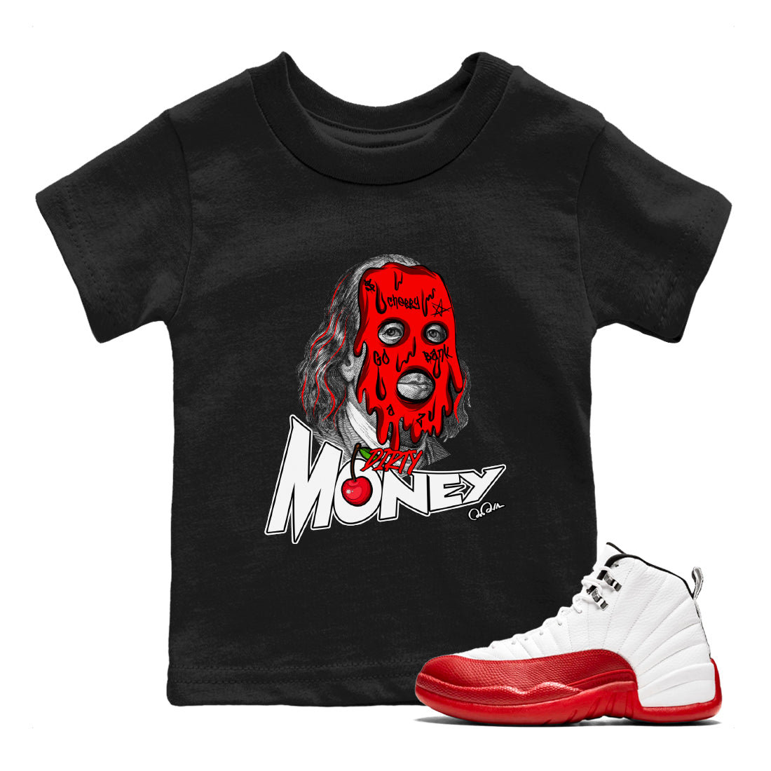Air Jordan 12 Cherry Sneaker Match Tees Dirty Money Streetwear Sneaker Shirt AJ12 Cherry Sneaker Release Tees Kids Shirts Black 1