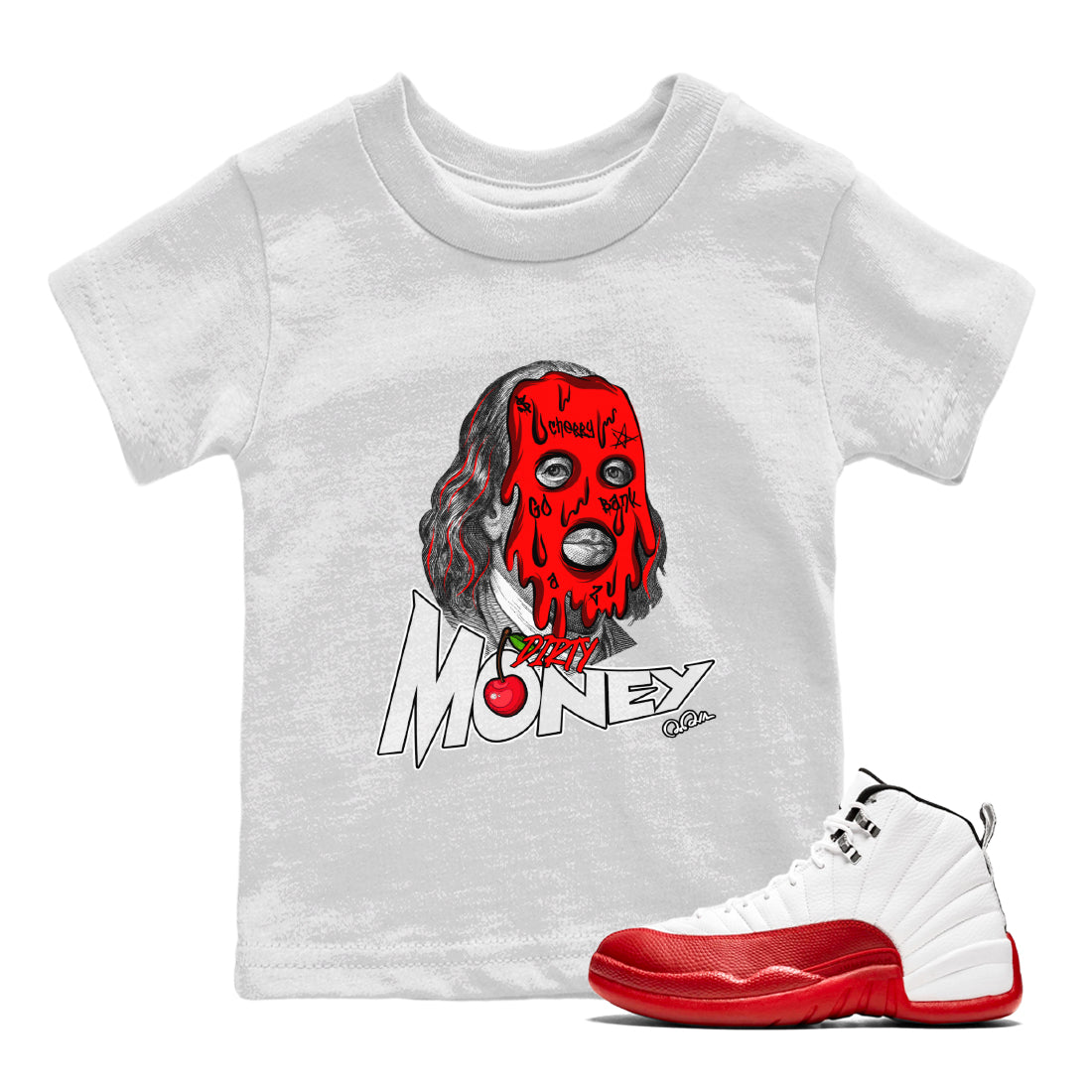 Air Jordan 12 Cherry Sneaker Match Tees Dirty Money Streetwear Sneaker Shirt AJ12 Cherry Sneaker Release Tees Kids Shirts White 1