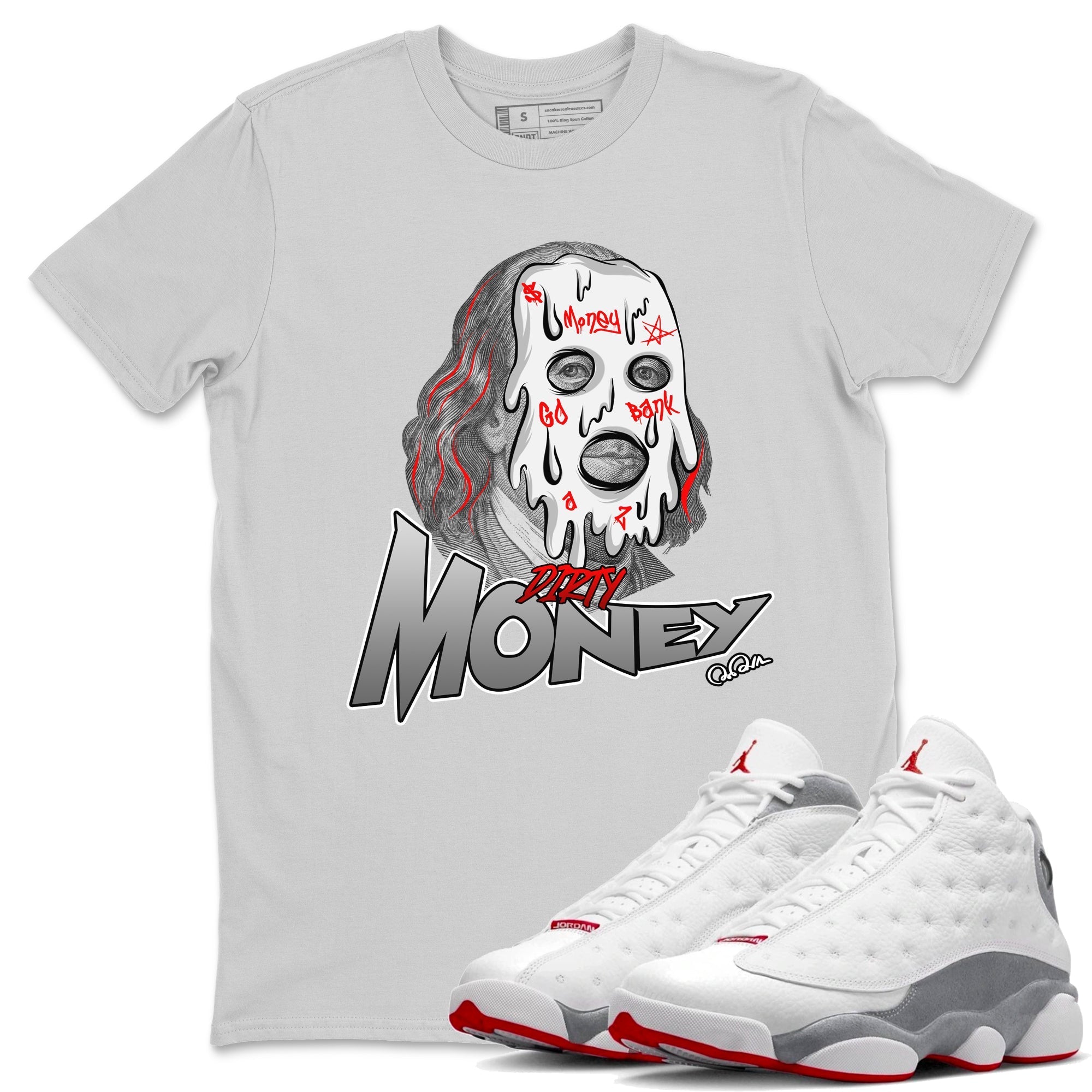 Air Jordan 13 Wolf Grey Dirty Money Crew Neck Streetwear Sneaker Shirt AJ13 Wolf Grey Sneaker T-Shirts Washing and Care Tip