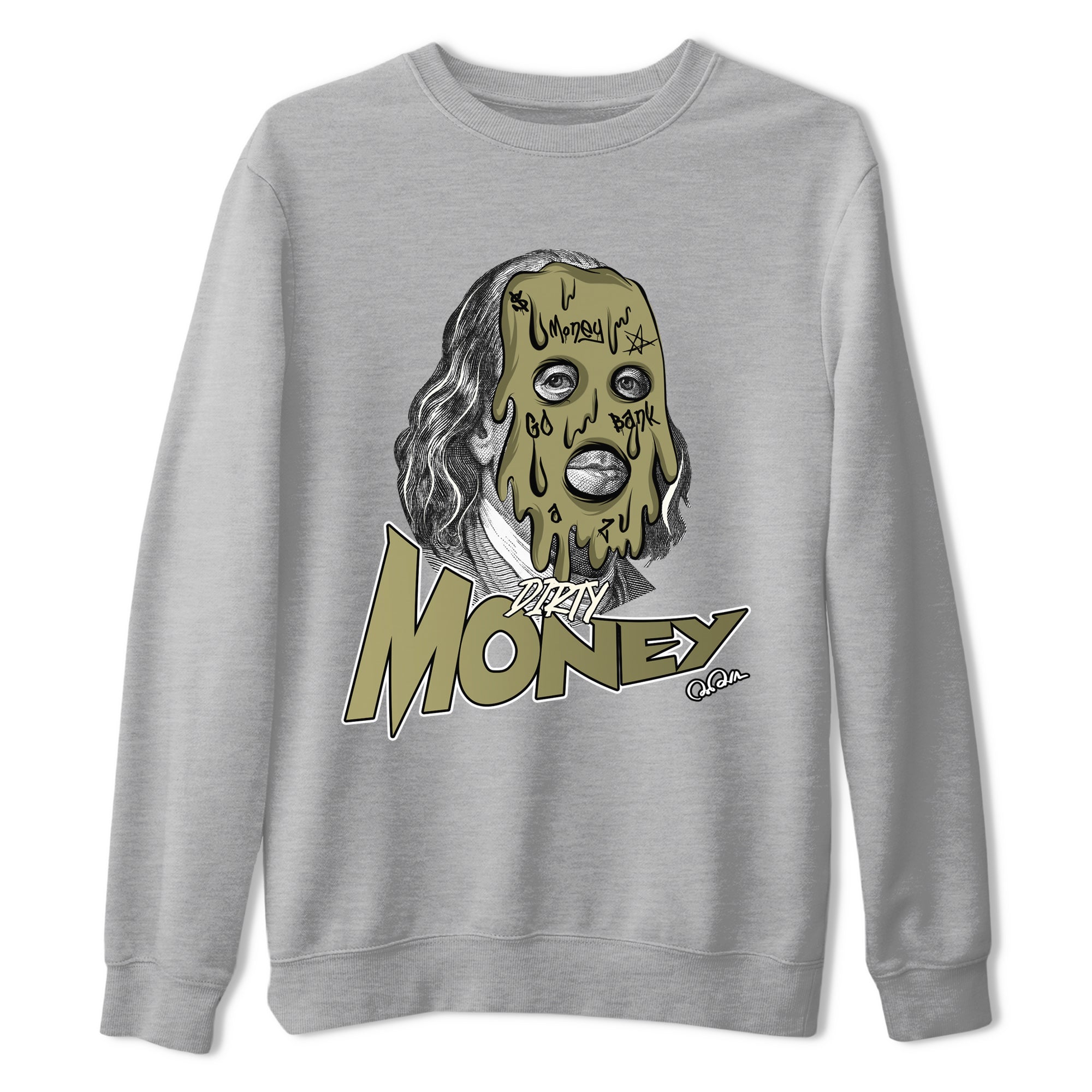 Air Jordan 4 Medium Olive shirt to match jordans streetwear brand Dirty Money sneaker tees AJ4Medium Olive Drip Gear Zone Unisex Heather Grey 2 T-Shirt