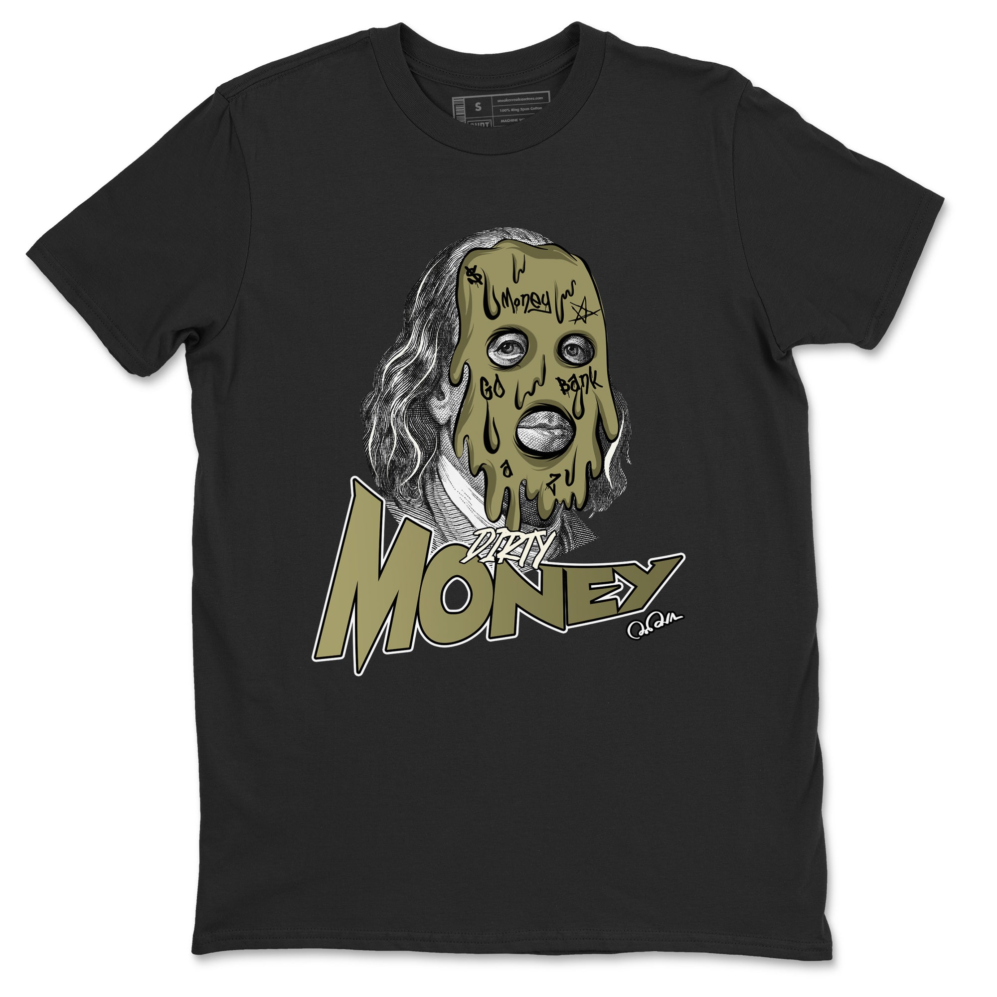 Air Jordan 4 Medium Olive shirt to match jordans streetwear brand Dirty Money sneaker tees AJ4Medium Olive Drip Gear Zone Unisex Black 2 T-Shirt