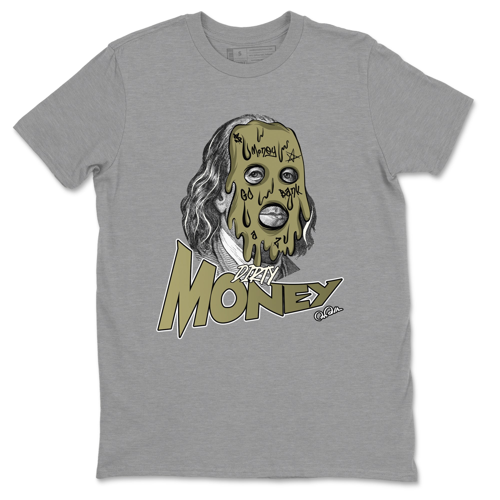Air Jordan 4 Medium Olive shirt to match jordans streetwear brand Dirty Money sneaker tees AJ4Medium Olive Drip Gear Zone Unisex Heather Grey 2 T-Shirt