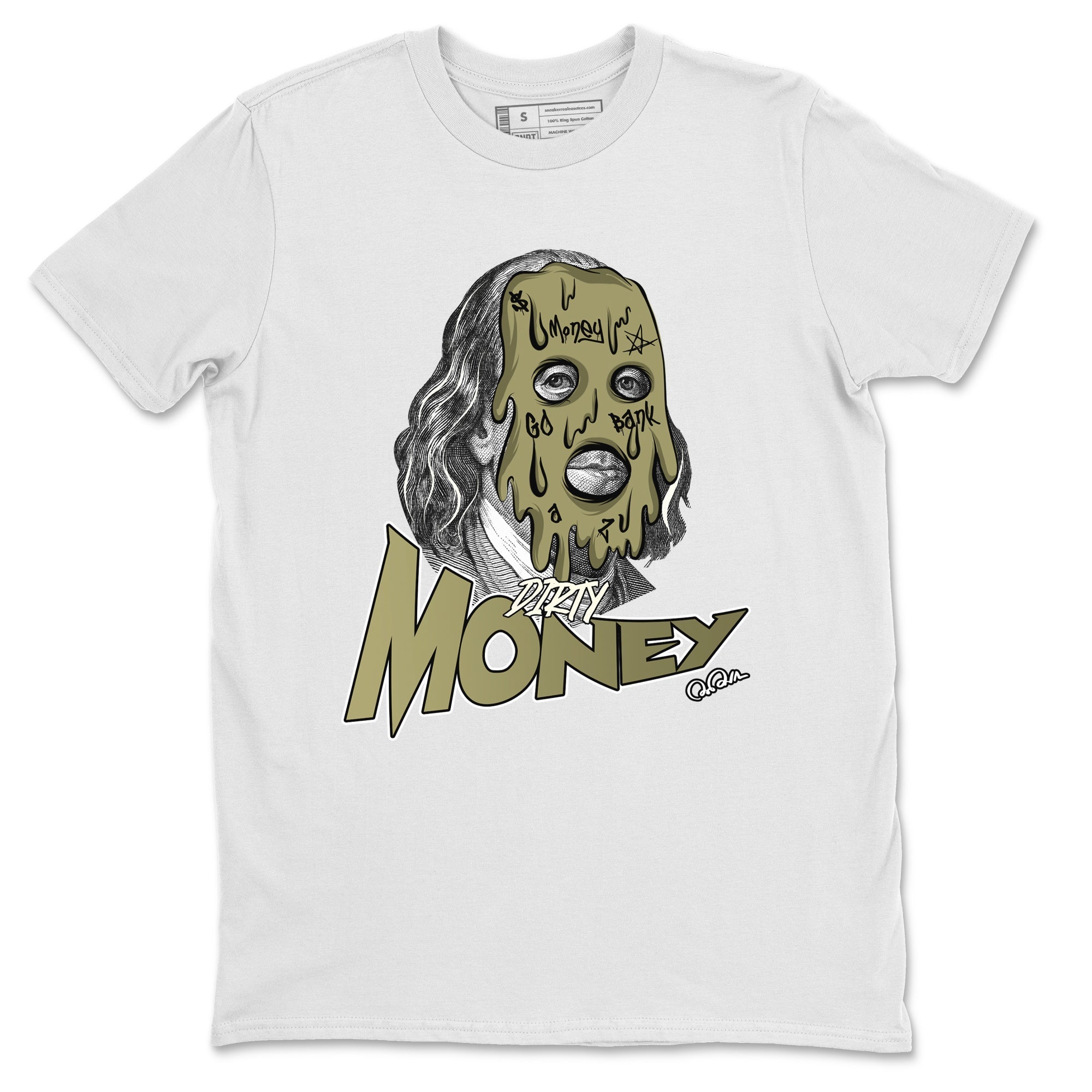 Air Jordan 4 Medium Olive shirt to match jordans streetwear brand Dirty Money sneaker tees AJ4Medium Olive Drip Gear Zone Unisex White 2 T-Shirt