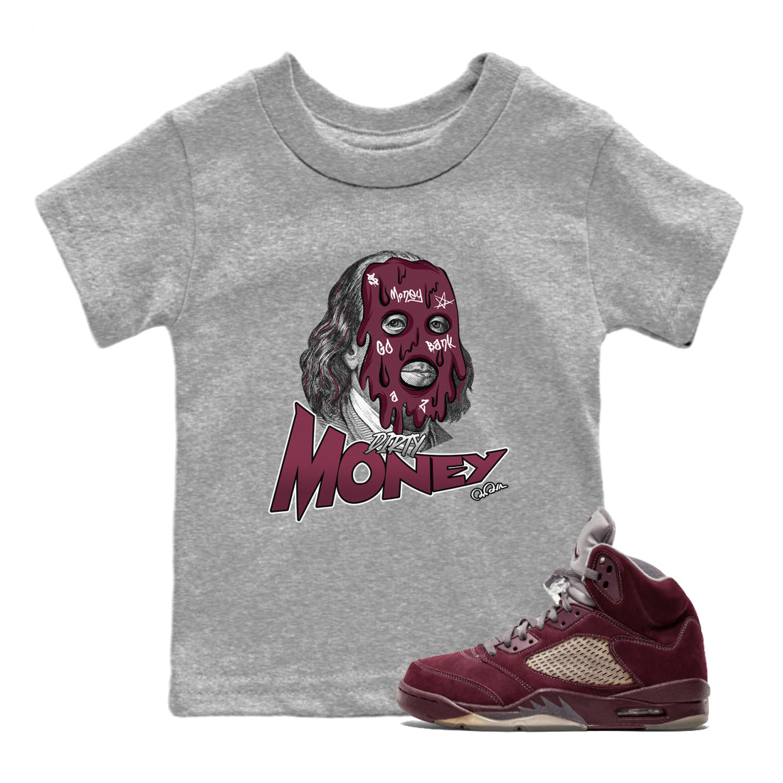 Air Jordan 5 Burgundy Sneaker Match Tees Dirty Money Streetwear Sneaker Shirt AJ5 Burgundy Sneaker Release Tees Kids Shirts Heather Grey 1