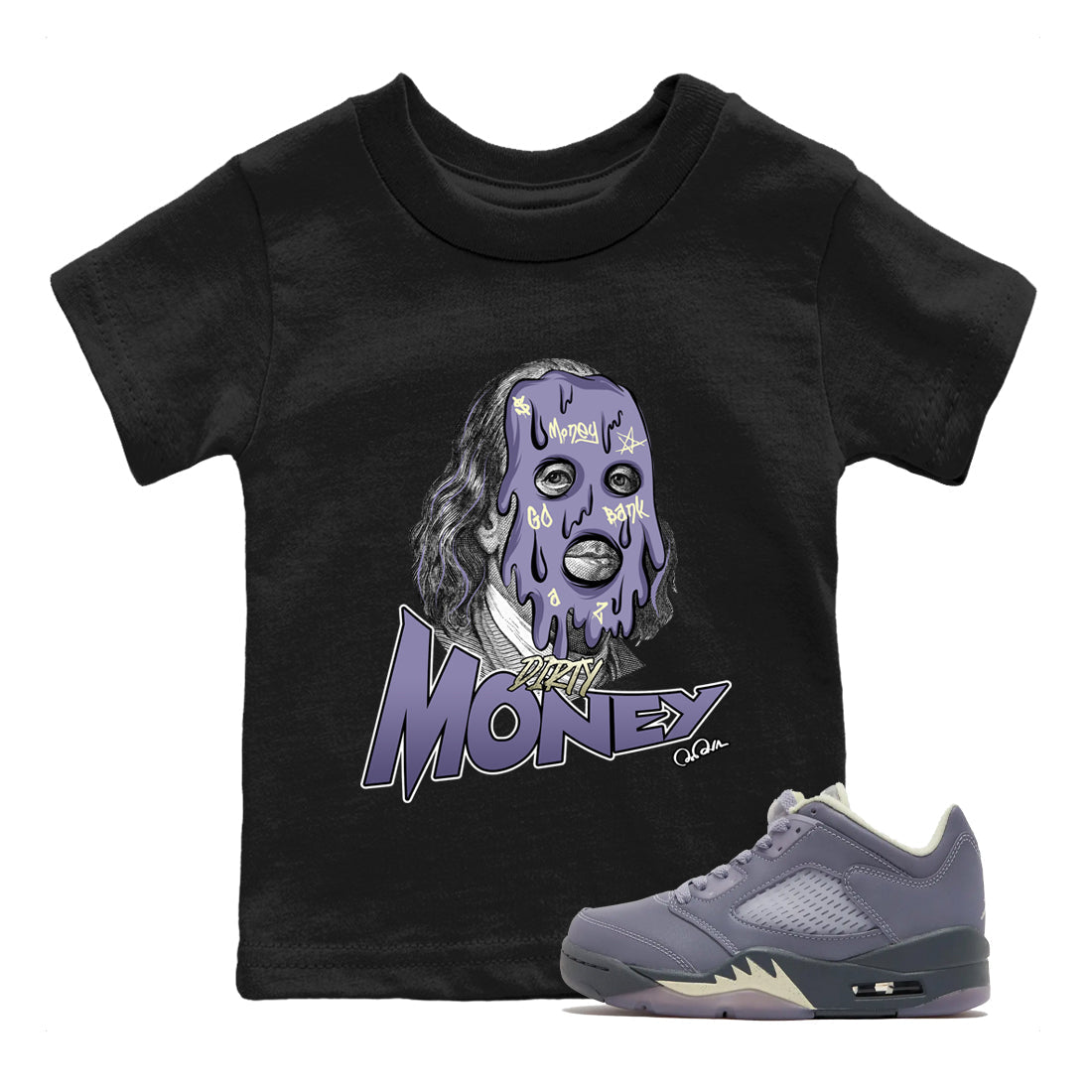 Air Jordan 5 Indigo Haze Sneaker Match Tees Dirty Money Streetwear Sneaker Shirt AJ5 Indigo Haze Sneaker Release Tees Kids Shirts Black 1