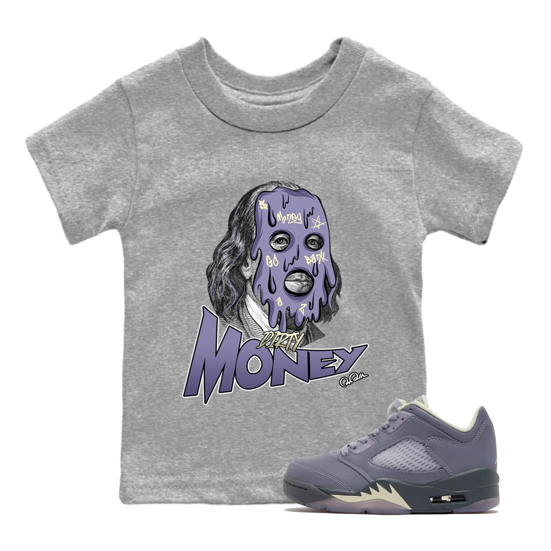 Air Jordan 5 Indigo Haze Sneaker Match Tees Dirty Money Streetwear Sneaker Shirt AJ5 Indigo Haze Sneaker Release Tees Kids Shirts Heather Grey 1