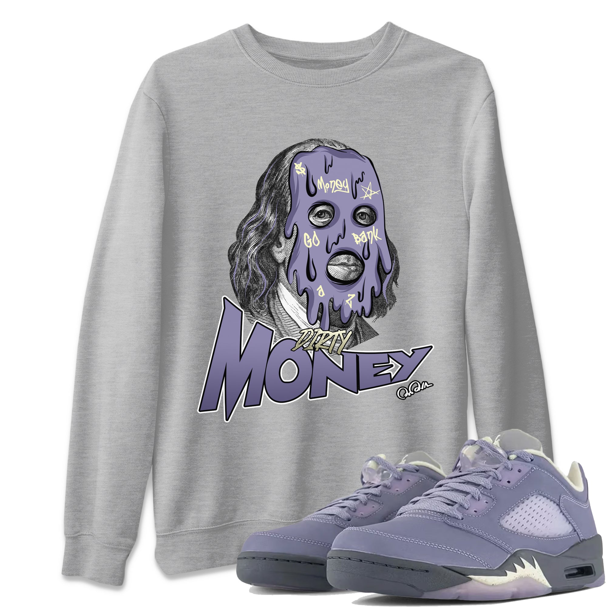 Air Jordan 5 Indigo Haze Sneaker Match Tees Dirty Money Streetwear Sneaker Shirt AJ5 Indigo Haze Sneaker Release Tees Unisex Shirts Heather Grey 1