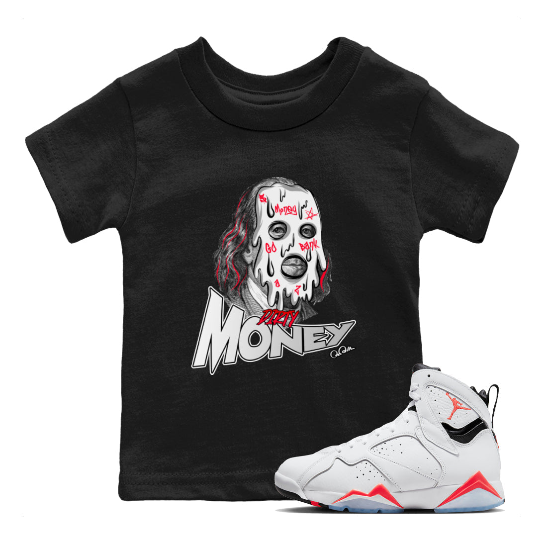 Air Jordan 7 Infrared Sneaker Match Tees Dirty Money Streetwear Sneaker Shirt AJ7 Infrared Sneaker Release Tees Kids Shirts Black 1