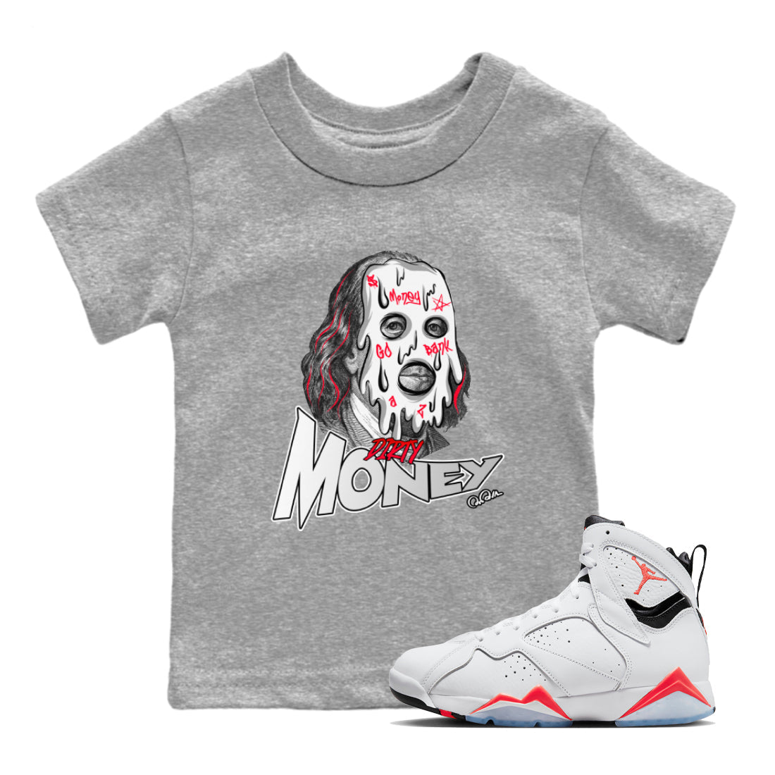 Air Jordan 7 Infrared Sneaker Match Tees Dirty Money Streetwear Sneaker Shirt AJ7 Infrared Sneaker Release Tees Kids Shirts Heather Grey 1