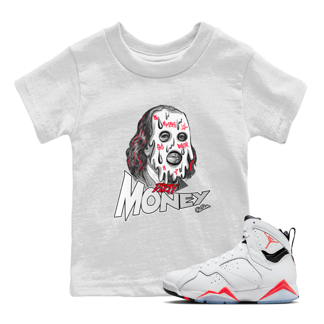 Air Jordan 7 Infrared Sneaker Match Tees Dirty Money Streetwear Sneaker Shirt AJ7 Infrared Sneaker Release Tees Kids Shirts White 1