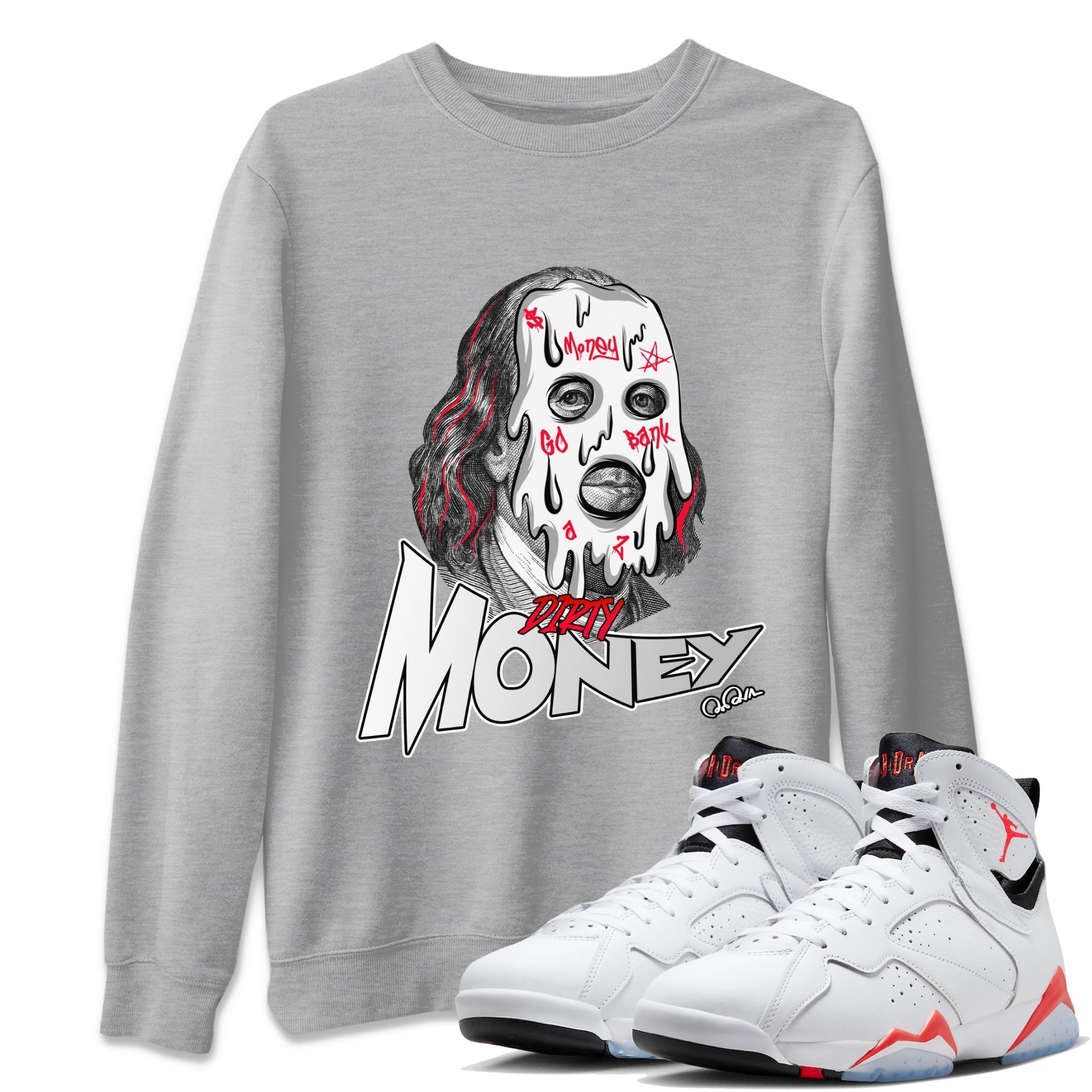 Air Jordan 7 Infrared Sneaker Match Tees Dirty Money Streetwear Sneaker Shirt AJ7 Infrared Sneaker Release Tees Unisex Shirts Heather Grey 1
