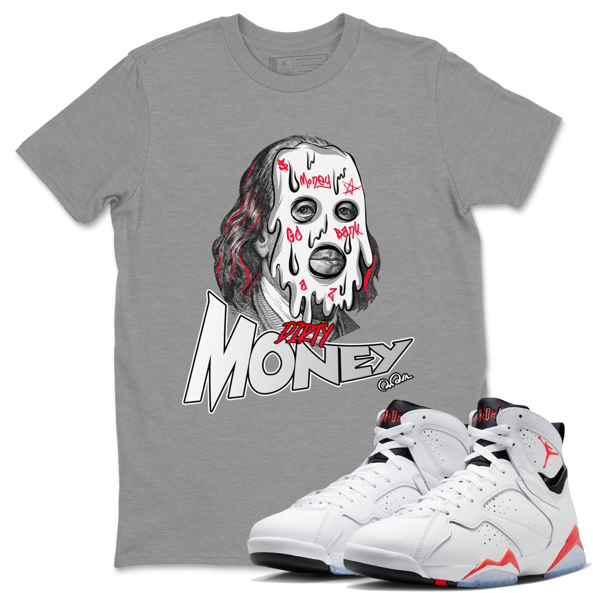Air Jordan 7 Infrared Sneaker Match Tees Dirty Money Streetwear Sneaker Shirt AJ7 Infrared Sneaker Release Tees Unisex Shirts Heather Grey 1