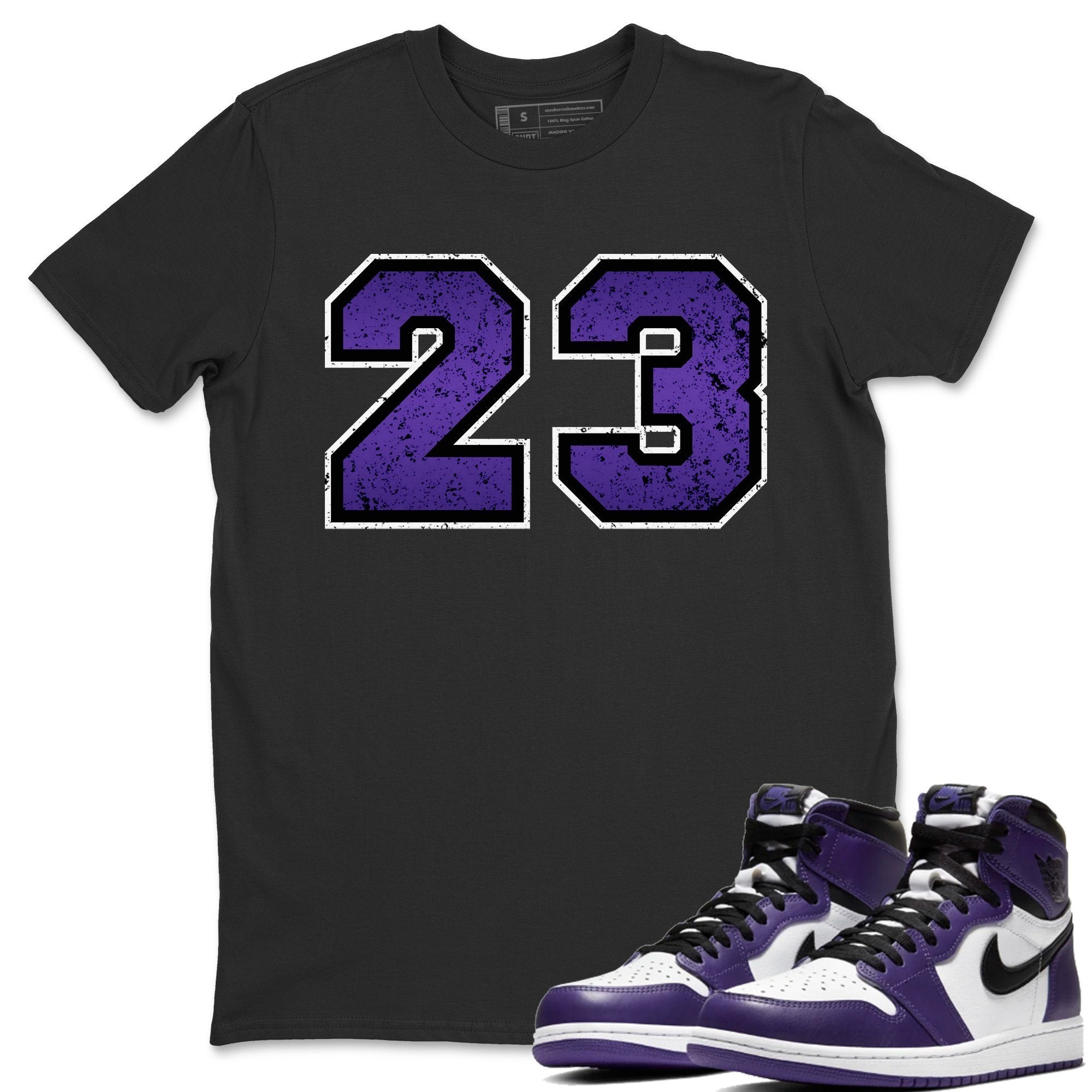 Jordan 1 Court Purple Sneaker Matching T-Shirt Distressed 23 Sneaker Tees Jordan 1 Court Purple Sneaker Release Tees Crew Neck Tees