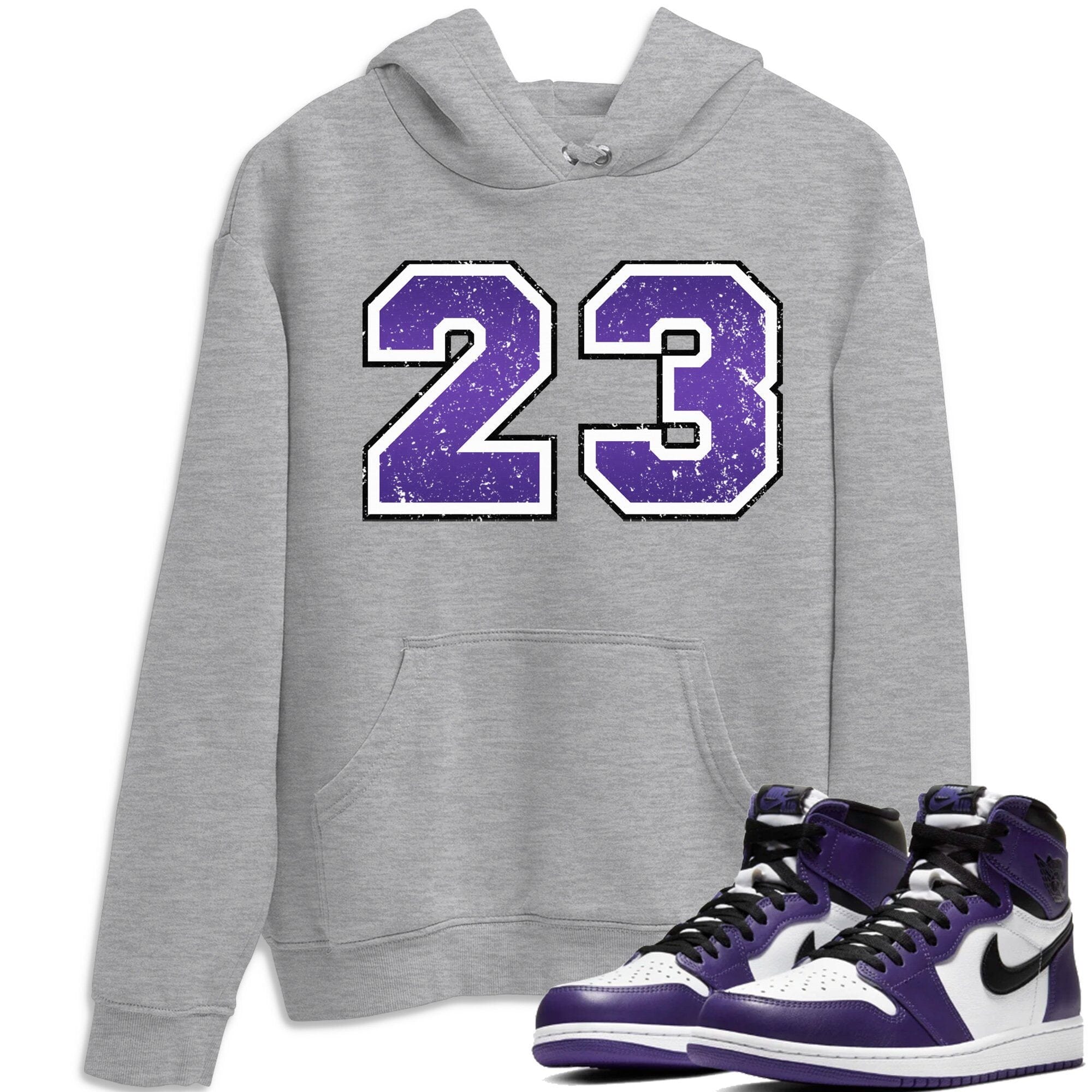 Jordan 1 Court Purple Sneaker Matching T-Shirt Distressed 23 Sneaker Tees Jordan 1 Court Purple Sneaker Release Tees Crew Neck Tees