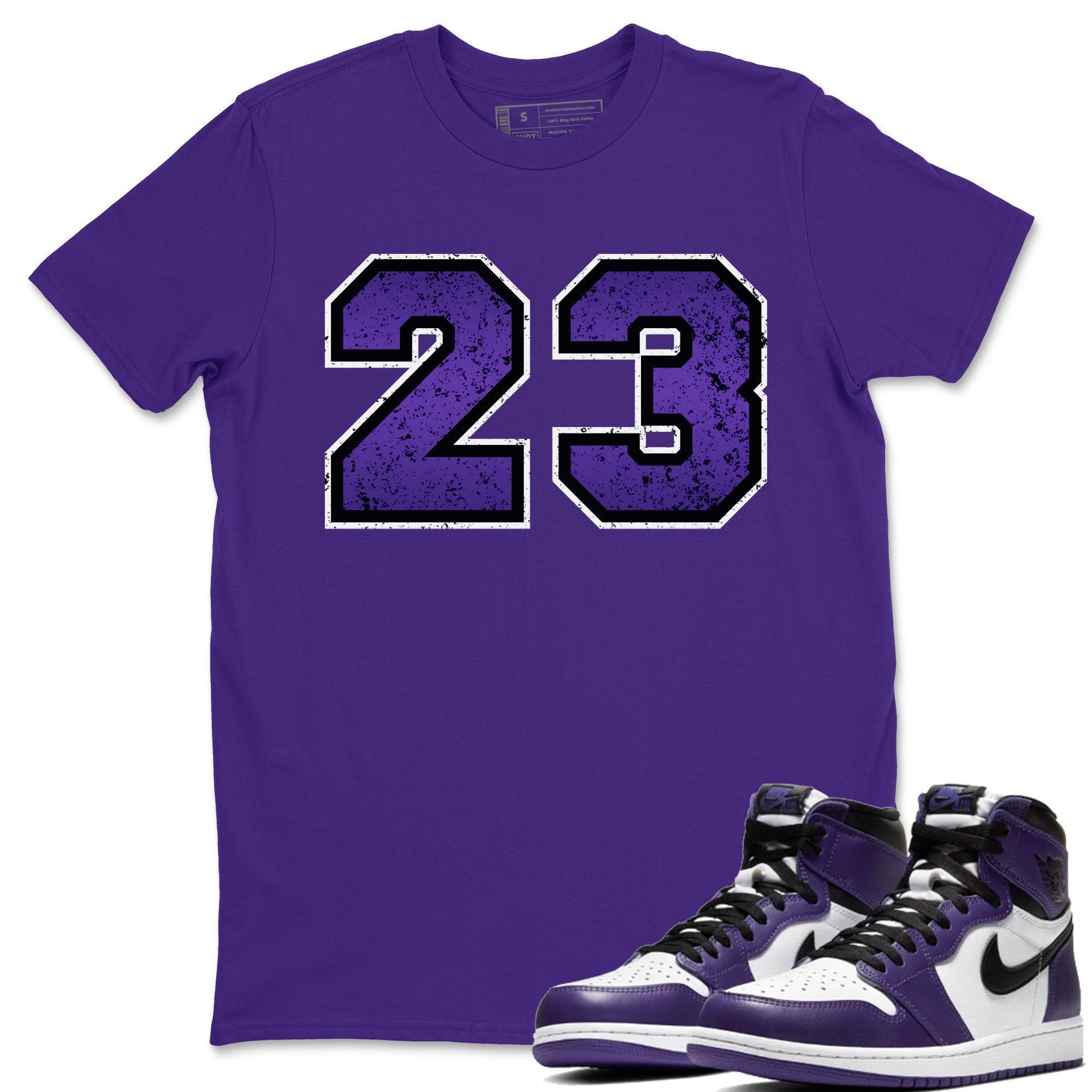 Jordan 1 Court Purple Sneaker Matching T-Shirt Distressed 23 Sneaker Tees Jordan 1 Court Purple Sneaker Release Tees Crew Neck Tees