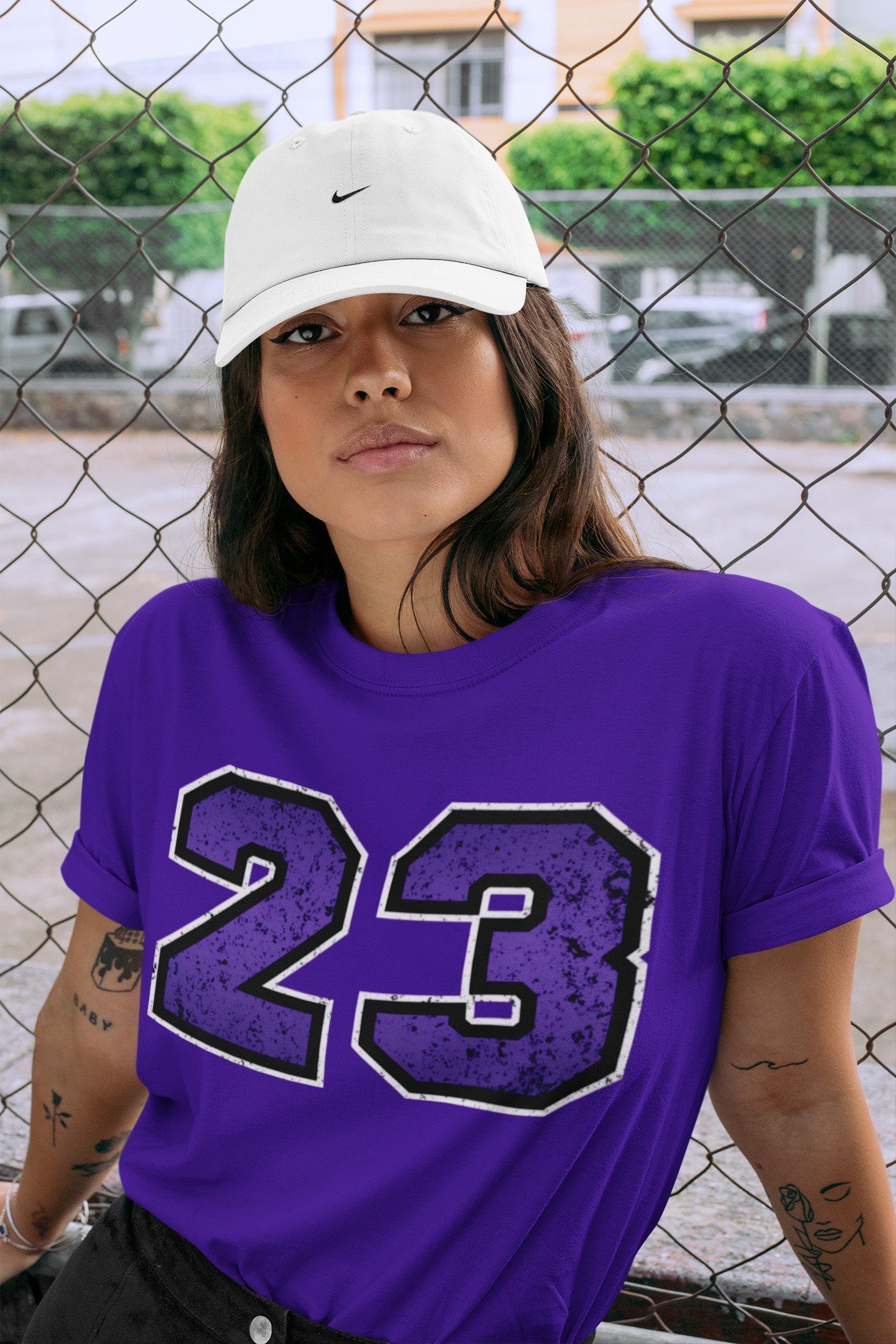Jordan 1 Court Purple Sneaker Matching T-Shirt Distressed 23 Sneaker Tees Jordan 1 Court Purple Sneaker Release Tees Crew Neck Tees