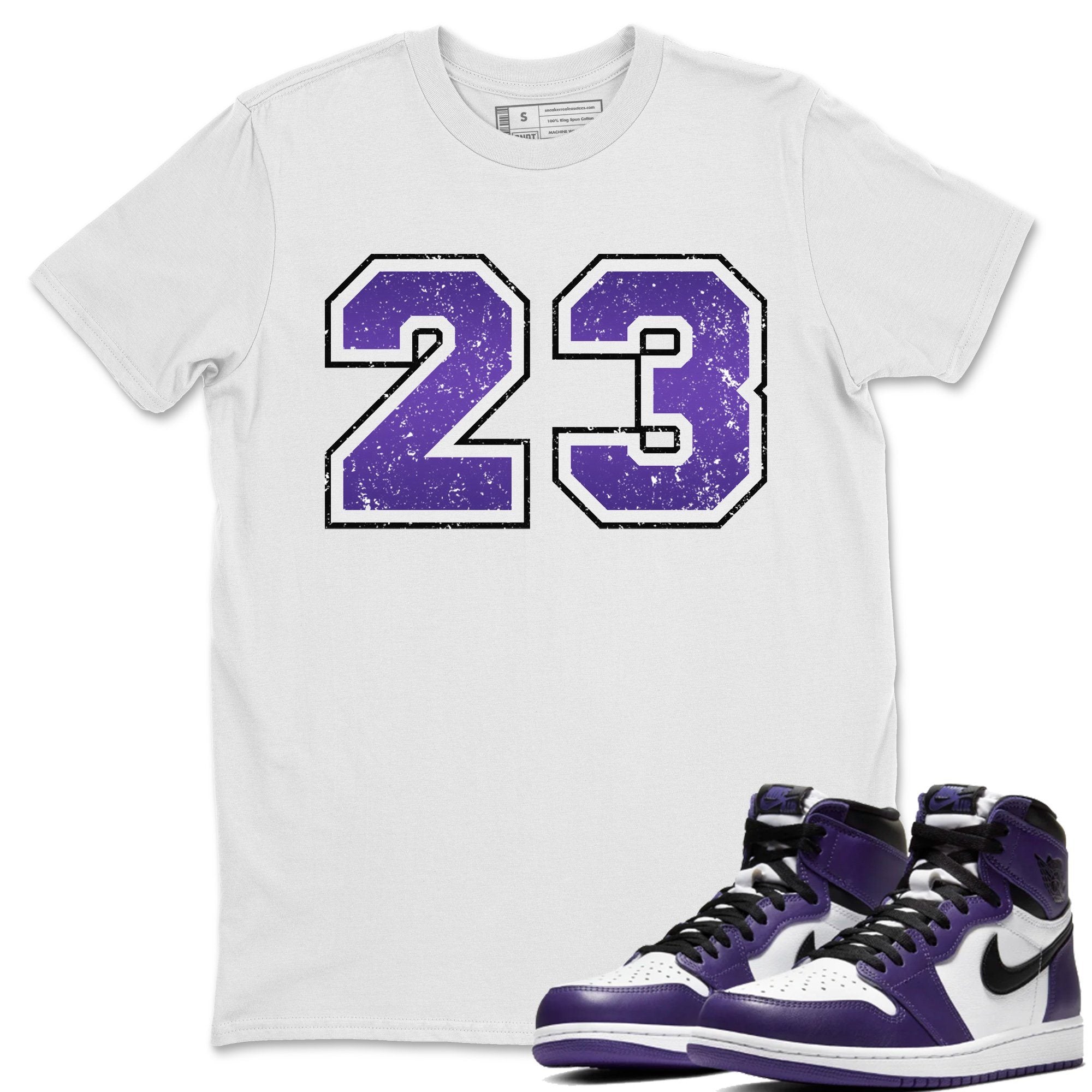 Jordan 1 Court Purple Sneaker Matching T-Shirt Distressed 23 Sneaker Tees Jordan 1 Court Purple Sneaker Release Tees Crew Neck Tees