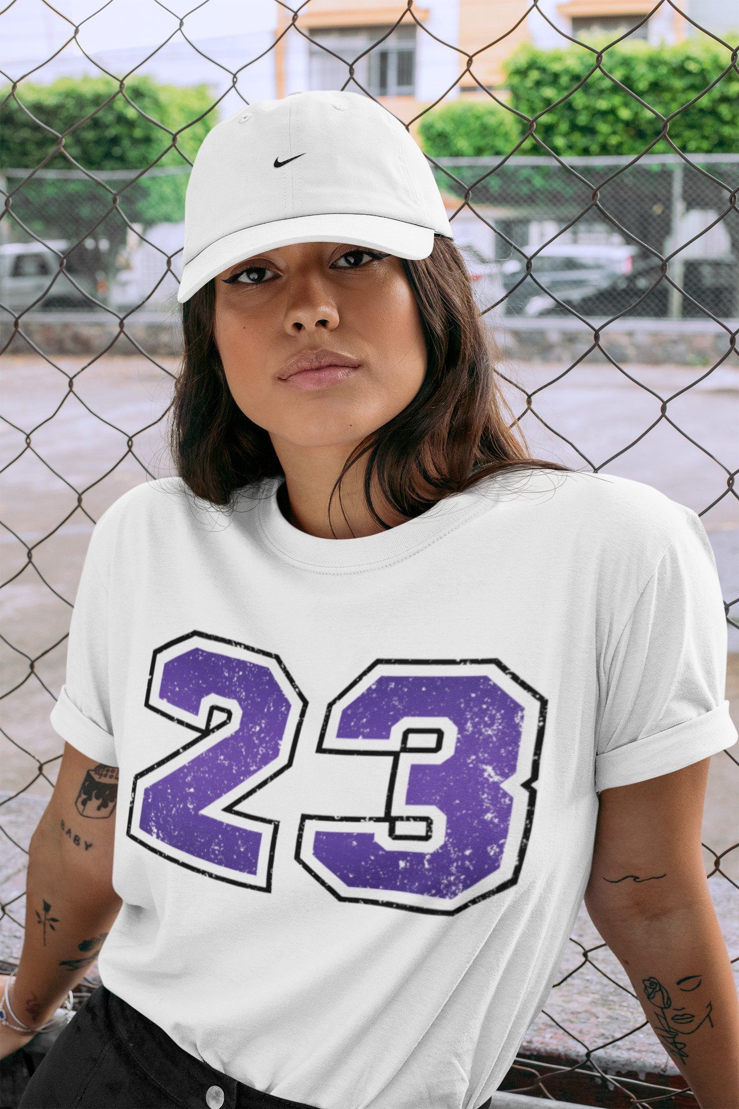 Jordan 1 Court Purple Sneaker Matching T-Shirt Distressed 23 Sneaker Tees Jordan 1 Court Purple Sneaker Release Tees Crew Neck Tees