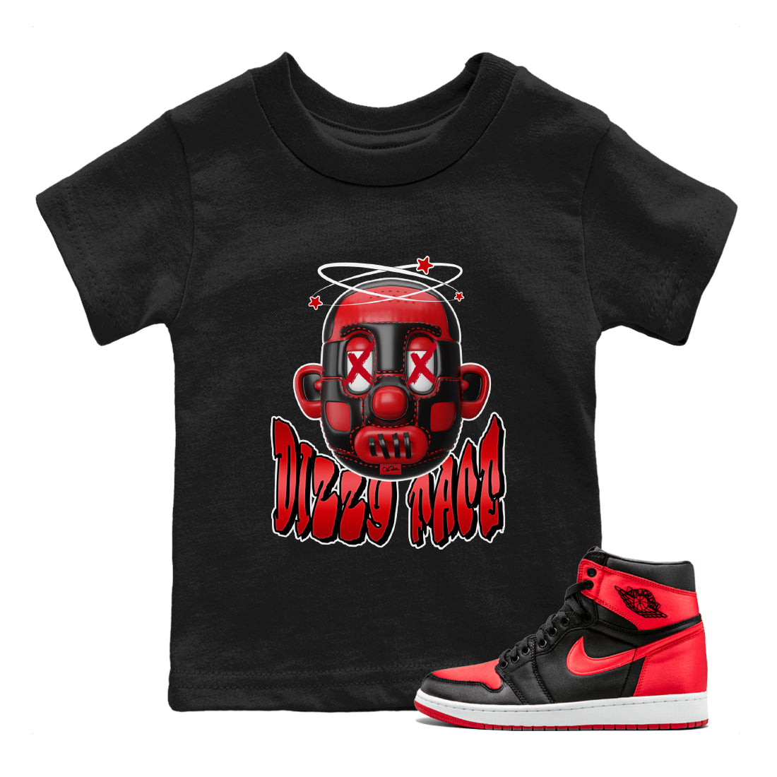Air Jordan 1 Satin Bred Sneaker Match Tees Dizzy Face Streetwear Sneaker Shirt AJ1 Satin Bred Sneaker Release Tees Kids Shirts Black 1