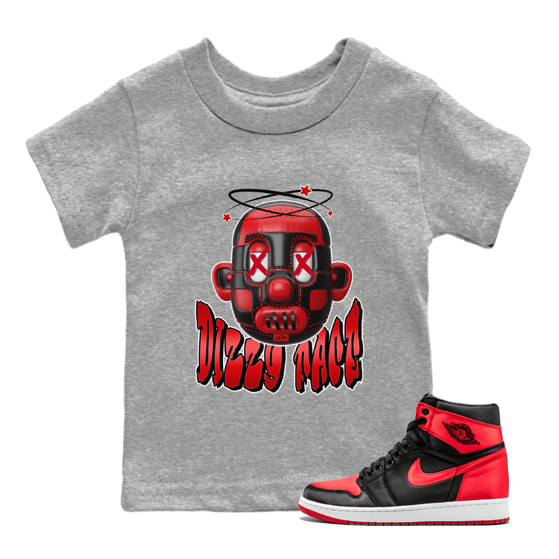 Air Jordan 1 Satin Bred Sneaker Match Tees Dizzy Face Streetwear Sneaker Shirt AJ1 Satin Bred Sneaker Release Tees Kids Shirts Heather Grey 1