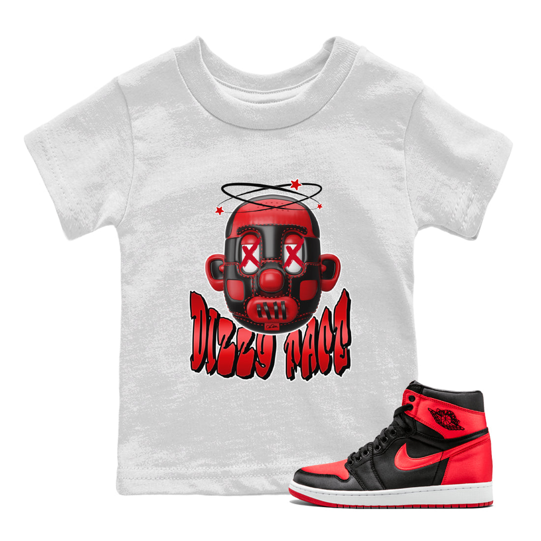 Air Jordan 1 Satin Bred Sneaker Match Tees Dizzy Face Streetwear Sneaker Shirt AJ1 Satin Bred Sneaker Release Tees Kids Shirts White 1