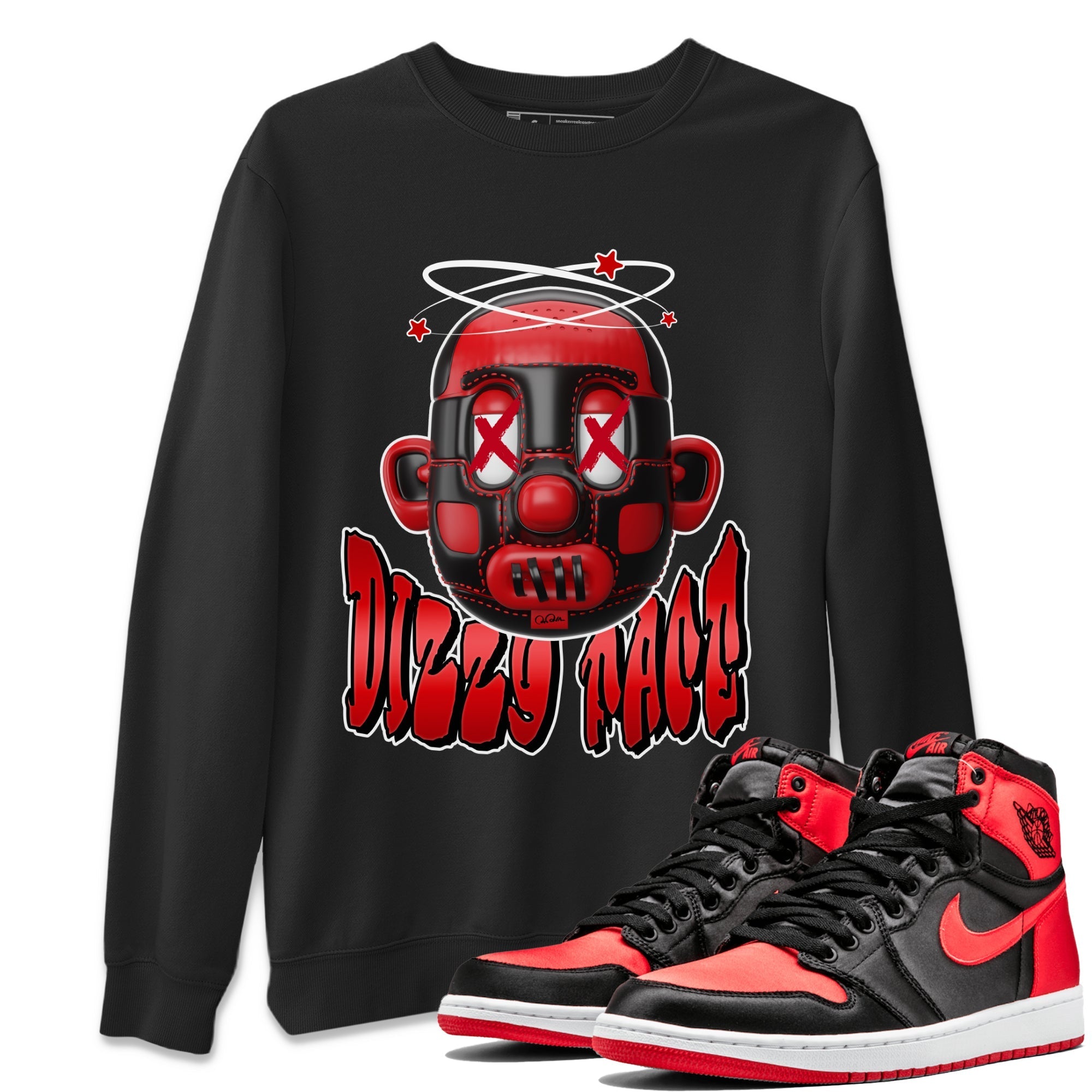 Air Jordan 1 Satin Bred Sneaker Match Tees Dizzy Face Streetwear Sneaker Shirt AJ1 Satin Bred Sneaker Release Tees Unisex Shirts Black 1
