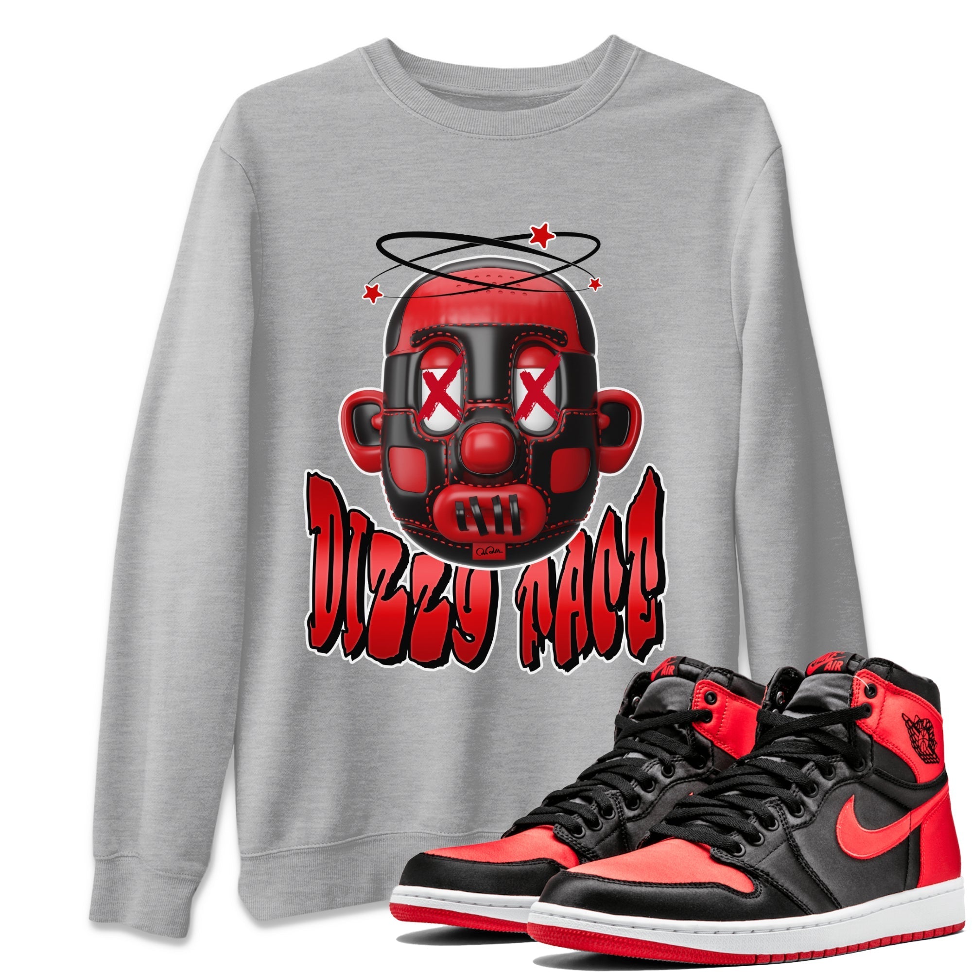 Air Jordan 1 Satin Bred Sneaker Match Tees Dizzy Face Streetwear Sneaker Shirt AJ1 Satin Bred Sneaker Release Tees Unisex Shirts Heather Grey 1