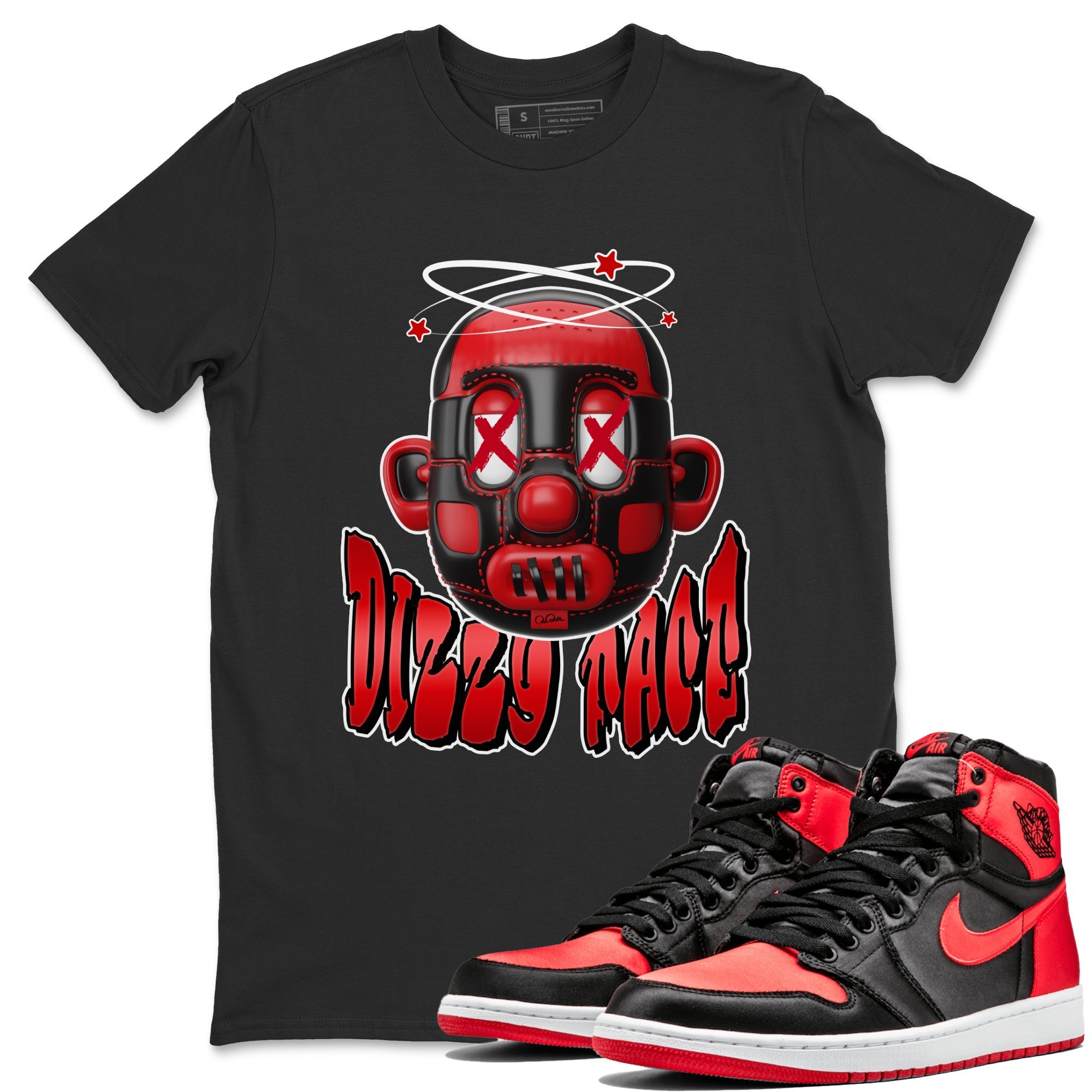 Air Jordan 1 Satin Bred Sneaker Match Tees Dizzy Face Streetwear Sneaker Shirt AJ1 Satin Bred Sneaker Release Tees Unisex Shirts Black 1