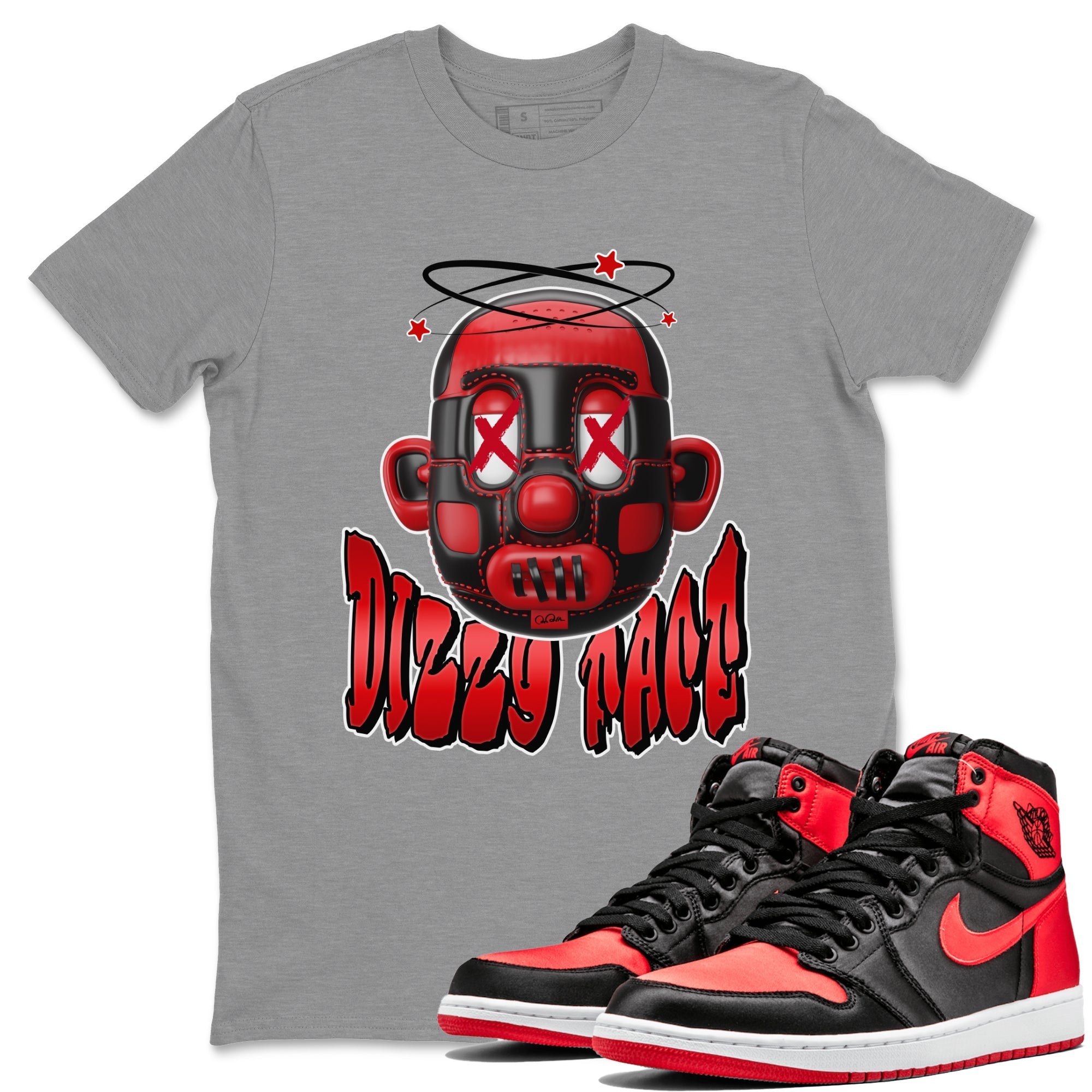 Air Jordan 1 Satin Bred Sneaker Match Tees Dizzy Face Streetwear Sneaker Shirt AJ1 Satin Bred Sneaker Release Tees Unisex Shirts Heather Grey 1