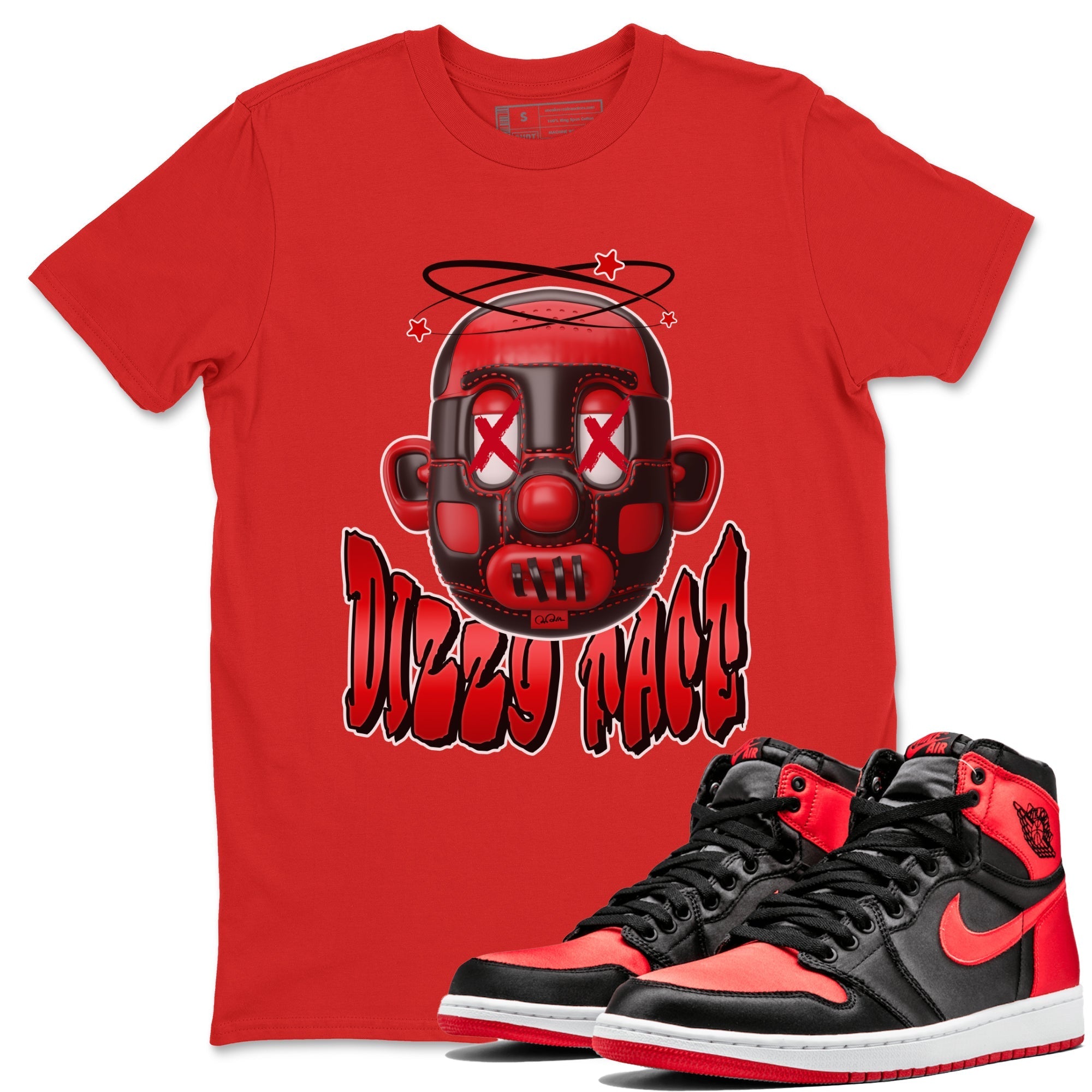Air Jordan 1 Satin Bred Sneaker Match Tees Dizzy Face Streetwear Sneaker Shirt AJ1 Satin Bred Sneaker Release Tees Unisex Shirts Red 1