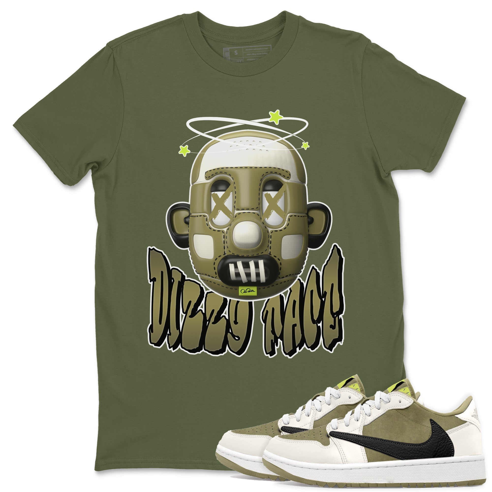 Air Jordan 1 Travis Scott Golf shirt to match jordans Dizzy Face Streetwear Sneaker Shirt AJ1 lowTravis Scott Golf Drip Gear Zone Sneaker Matching Clothing Unisex Military Green 1 T-Shirt