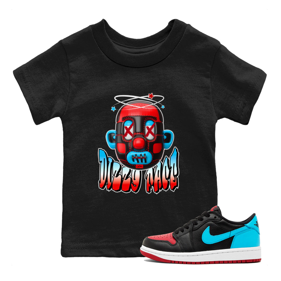 Air Jordan 1 UNC to Chicago Sneaker Match Tees Dizzy Face Streetwear Sneaker Shirt AJ1 UNC to Chicago Sneaker Release Tees Kids Shirts Black 1