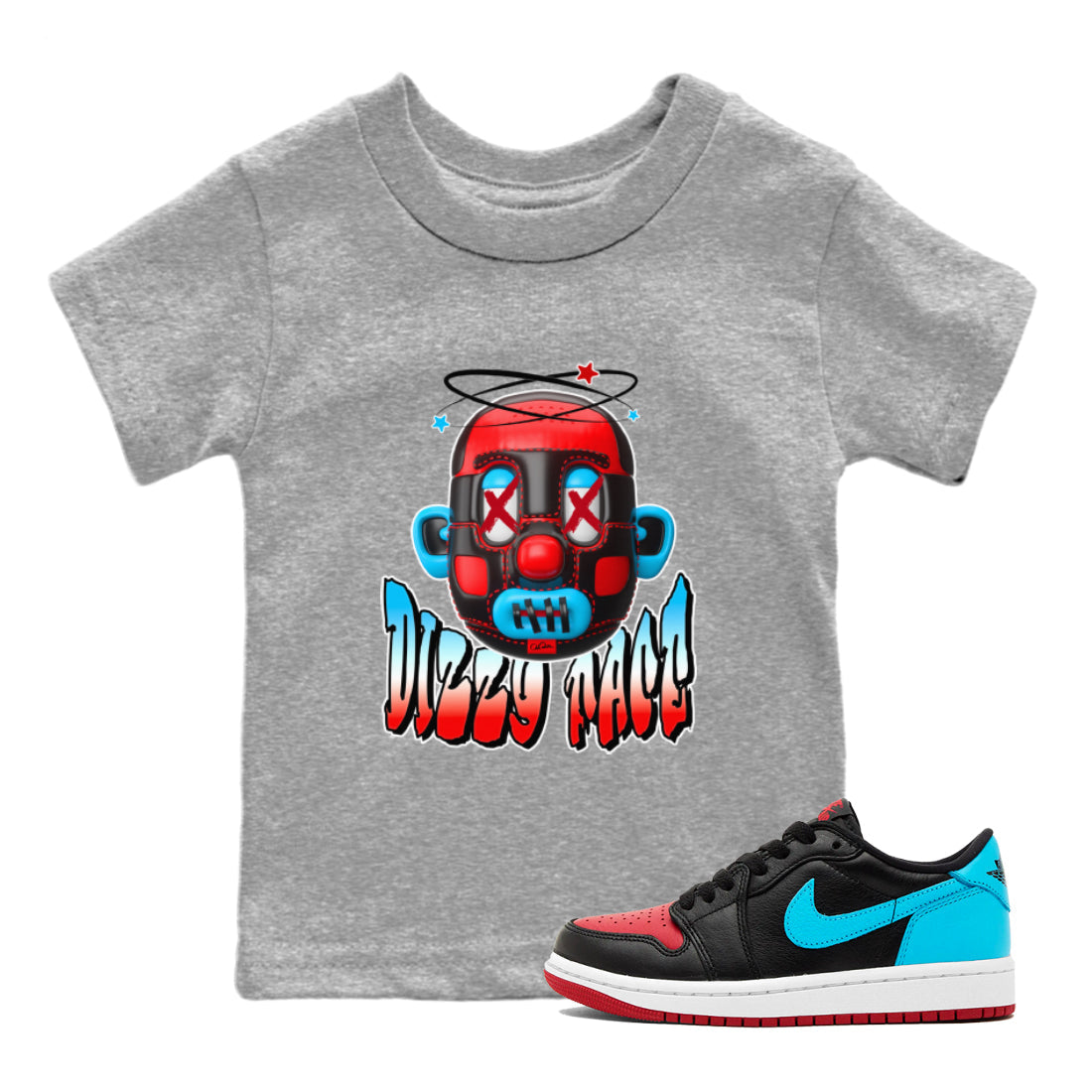 Air Jordan 1 UNC to Chicago Sneaker Match Tees Dizzy Face Streetwear Sneaker Shirt AJ1 UNC to Chicago Sneaker Release Tees Kids Shirts Heather Grey 1