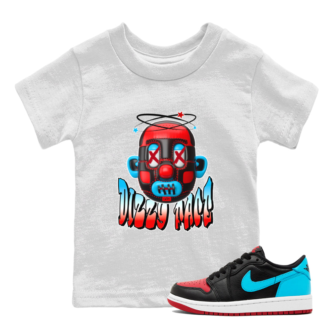 Air Jordan 1 UNC to Chicago Sneaker Match Tees Dizzy Face Streetwear Sneaker Shirt AJ1 UNC to Chicago Sneaker Release Tees Kids Shirts White 1