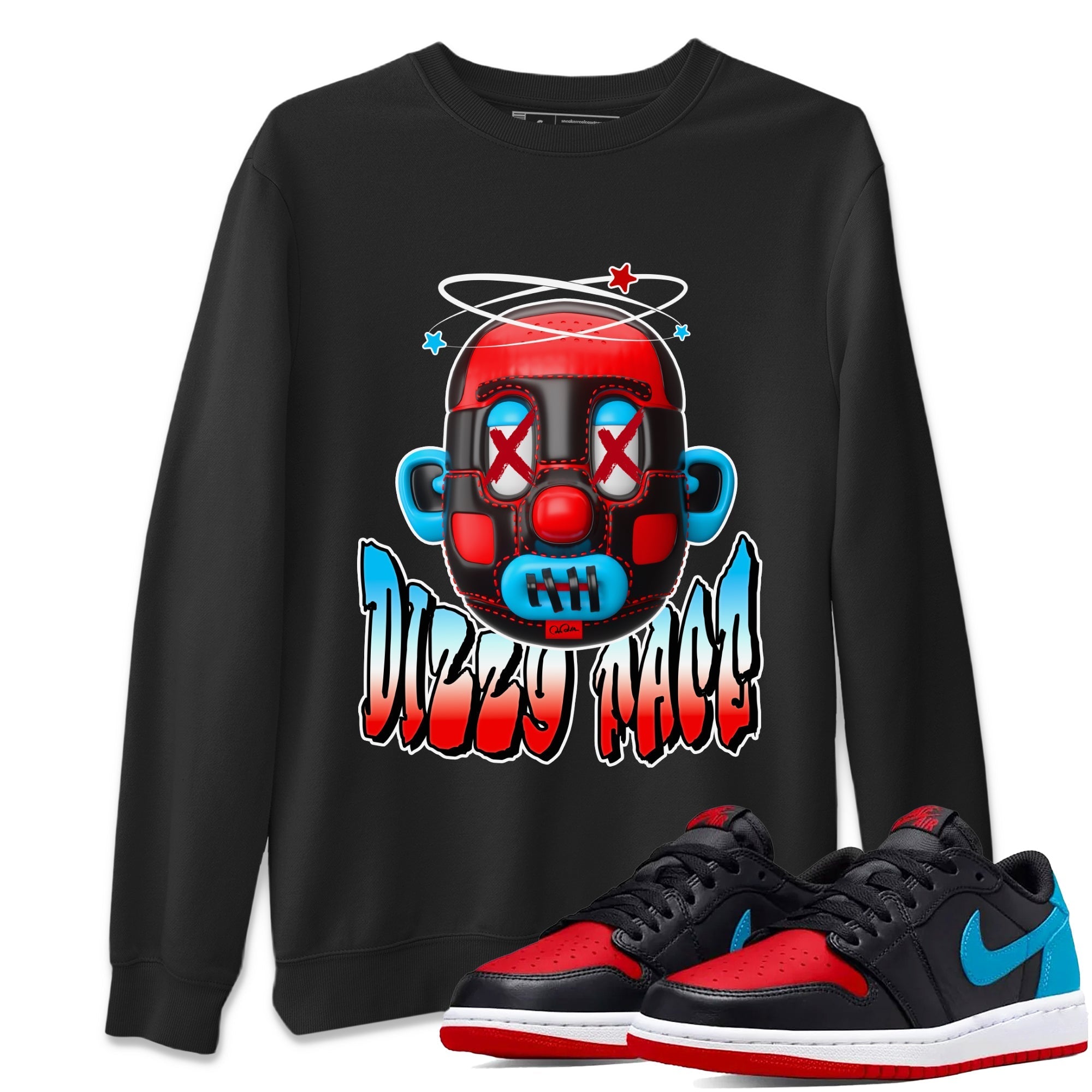 Air Jordan 1 UNC to Chicago Sneaker Match Tees Dizzy Face Streetwear Sneaker Shirt AJ1 UNC to Chicago Sneaker Release Tees Unisex Shirts Black 1